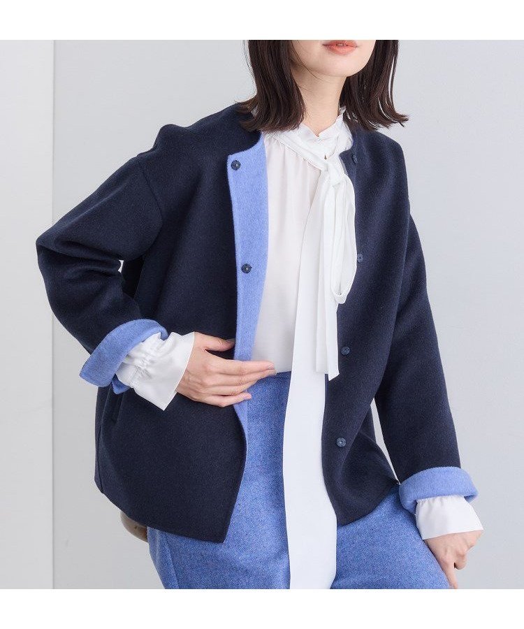 【インディヴィ/INDIVI】の【配色デザイン】ウールリバーショート丈ノーカラーコート インテリア・キッズ・メンズ・レディースファッション・服の通販 founy(ファニー) 　ファッション　Fashion　レディースファッション　Fashion for Women　アウター　Coat / Outerwear Collection　コート・ロングコート・ピーコート　Long Coats, Peacoats & More　インナー　Innerwear　シンプル　Simple, Minimal　バランス　Balance, Style Balance　フォルム　Silhouette, Form　ポケット　Pocket, Pocket Detail　今季　This Season, Current Season　定番　Standard, Basic Item　ネイビー|ID: prp329100004645749 ipo3291000000033531104