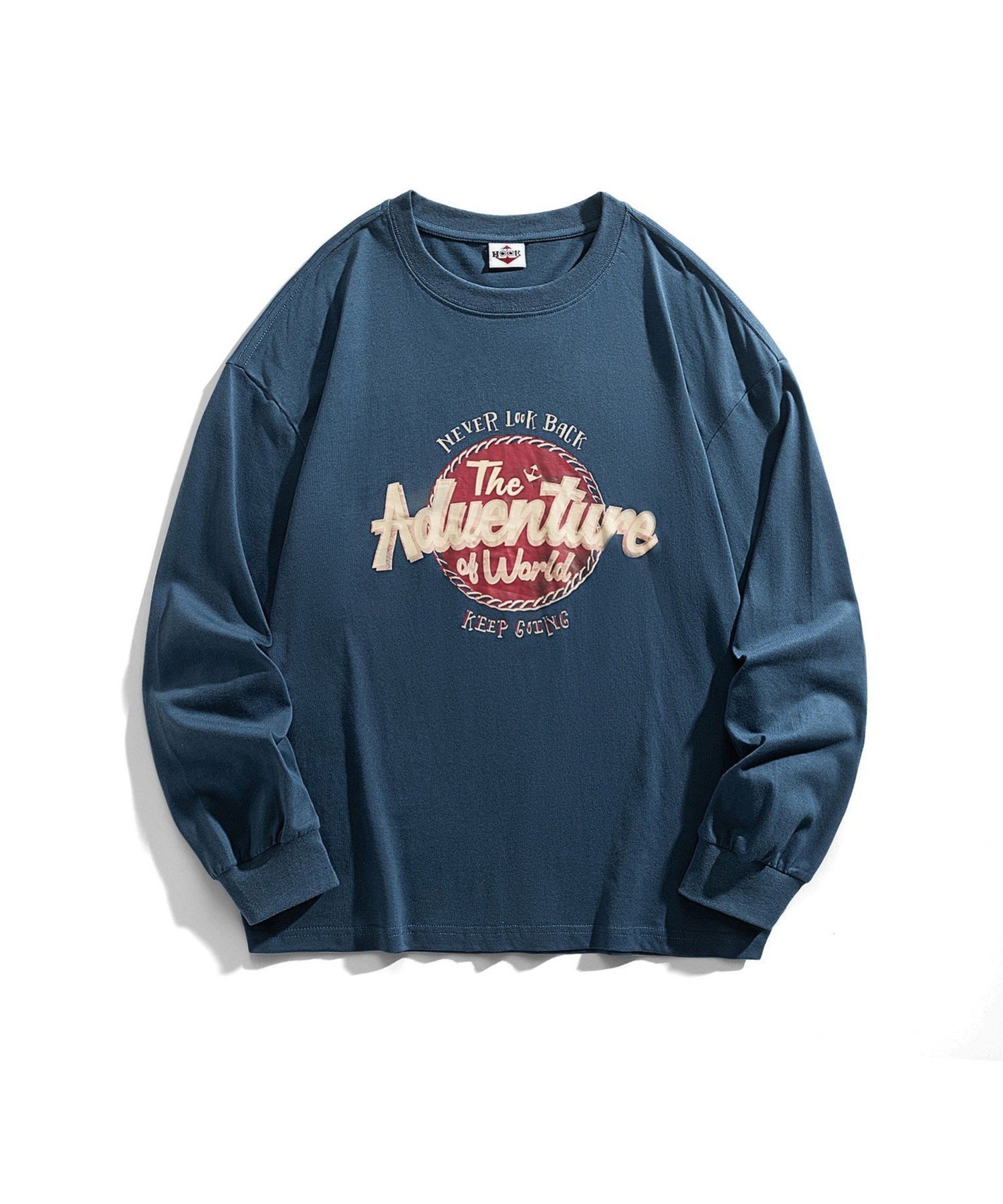 【アイモハ/aimoha】のHOOK/【HOOK】 -original- 古着風アメカジロゴプリントロングTEE インテリア・キッズ・メンズ・レディースファッション・服の通販 founy(ファニー) 　ファッション　Fashion　レディースファッション　Fashion for Women　キャップ　Cap, Baseball Cap　ジャケット　Jacket, Outerwear　スキニー　Skinny, Slim Fit　スタイリッシュ　Stylish, Fashionable　スニーカー　Sneakers, Trainers　スポーツ　Sports, Activewear　ダウン　Down, Puffer　チェック　Check, Plaid, Tartan　デニム　Denim, Jeans Material　トレンド　Trend, Trending Now　トートバッグ　Tote Bag, Large Shoulder Bag　定番　Standard, Basic Item　人気　Popular, Best Seller　フロント　Front, Front Design　メンズ　Men's, Menswear　リラックス　Relax, Relaxed Fit　ロング　Long, Long-Length　ワイド　Wide, Wide Fit　おすすめ　Recommended / Our Picks　ネイビー|ID: prp329100004646070 ipo3291000000033533246