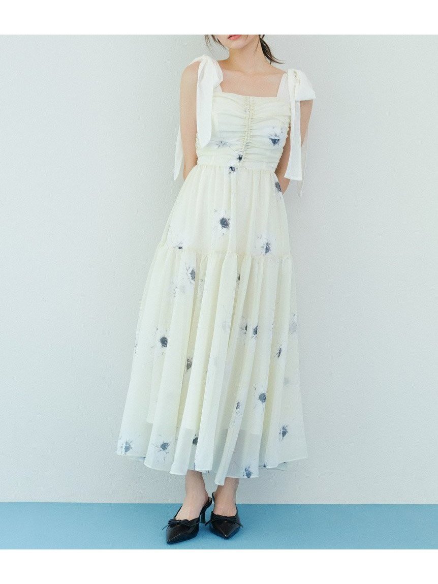 【スナイデル/SNIDEL】の【FLOWER COLLECTION】プリントショルダーリボンワンピース 人気、トレンドファッション・服の通販 founy(ファニー) 　ファッション　Fashion　レディースファッション　Fashion for Women　ワンピース　Dresses　イエロー　Yellow　シフォン　Chiffon, Lightweight Fabric　シャーリング　Shirring, Ruched　フィット　Fit, Slim Fit　プリント　Print, Printed Pattern　マーガレット　Marguerite, Daisy Pattern　ミックス　Mix, Mixed Style　無地　Plain, Solid Color　リボン　Ribbon, Bow　おすすめ　Recommended / Our Picks　エレガント 上品　Elegant　 other-1|ID: prp329100004646072 ipo3291000000033533257