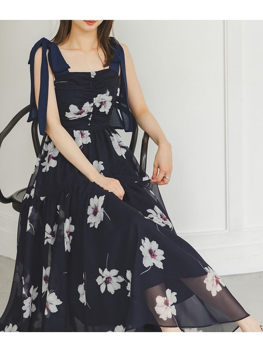【スナイデル/SNIDEL】の【FLOWER COLLECTION】プリントショルダーリボンワンピース インテリア・キッズ・メンズ・レディースファッション・服の通販 founy(ファニー) 　ファッション　Fashion　レディースファッション　Fashion for Women　ワンピース　Dresses　イエロー　Yellow　シフォン　Chiffon, Lightweight Fabric　シャーリング　Shirring, Ruched　フィット　Fit, Slim Fit　プリント　Print, Printed Pattern　マーガレット　Marguerite, Daisy Pattern　ミックス　Mix, Mixed Style　無地　Plain, Solid Color　リボン　Ribbon, Bow　おすすめ　Recommended / Our Picks　エレガント 上品　Elegant　NVY[089]|ID: prp329100004646072 ipo3291000000033533262