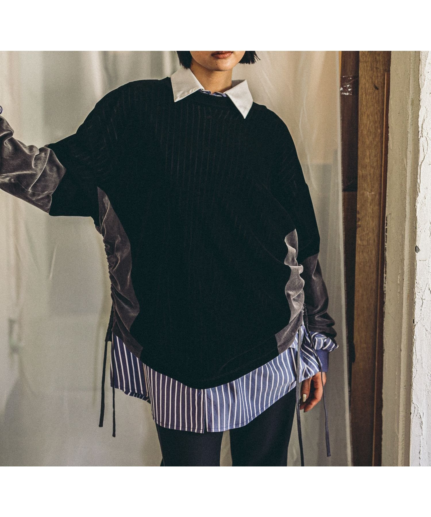 【ニコアンド/niko and】のMODE NORM CORE チュールベロアルーズプルオーバー インテリア・キッズ・メンズ・レディースファッション・服の通販 founy(ファニー) 　ファッション　Fashion　レディースファッション　Fashion for Women　トップス・カットソー　Cut & Sew Tops　カジュアルプルオーバー・ニットトップス　Pullovers & Knit Tops / Casual Pullovers　ベロアトップス　Velour Tops / Velvet-Look Items　おすすめ　Recommended / Our Picks　キャミソール　Camisole, Spaghetti Strap Top　ギャザー　Gathered, Ruffled　シャーリング　Shirring, Ruched　シンプル　Simple, Minimal　タンク　Tank Top, Sleeveless Top　チュール　Tulip, Tulip Motif　ベロア　Velour, Soft Velvet　秋　Autumn　ブラック×グレー|ID: prp329100004646343 ipo3291000000033535832