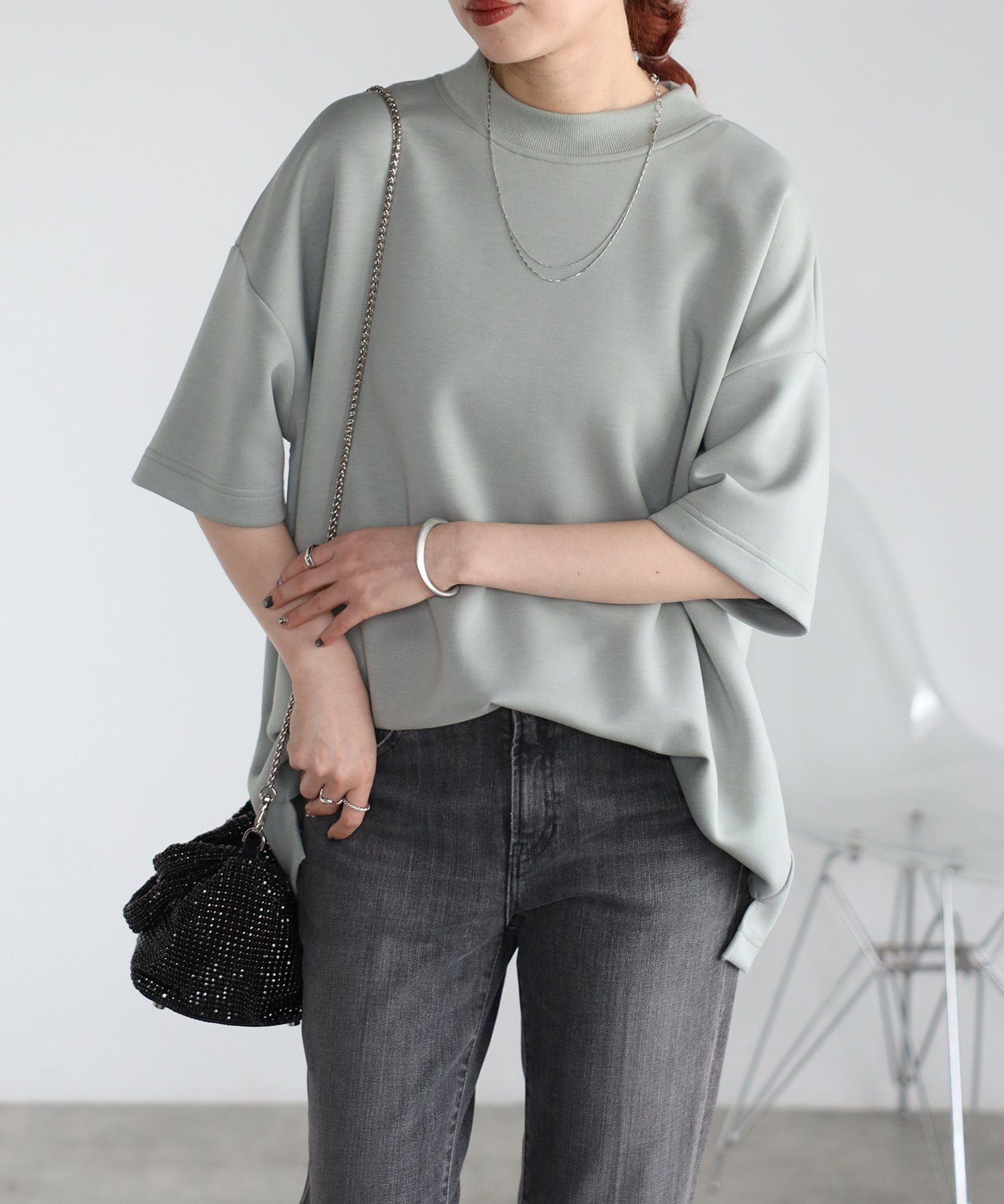 【リラクロ/relaclo】のmitis/モックネックゆったりダンボール半袖Tee インテリア・キッズ・メンズ・レディースファッション・服の通販 founy(ファニー) 　ファッション　Fashion　レディースファッション　Fashion for Women　トップス・カットソー　Cut & Sew Tops　エレガント 上品　Elegant　ショート　Short, Short Length　スリーブ　Sleeve, Long Sleeve / Short Sleeve　モックネック　Mock Neck, Short Turtleneck　半袖　Short Sleeve, Half Sleeve　グリーン|ID: prp329100004647052 ipo3291000000033545414