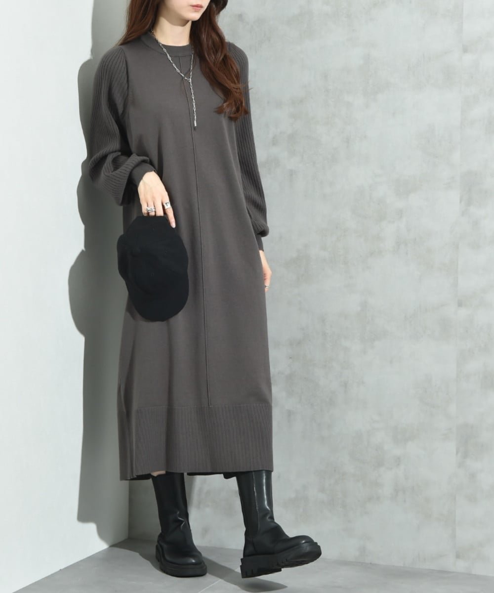 【インタープラネット/INTERPLANET】の袖リブデザインニットワンピース インテリア・キッズ・メンズ・レディースファッション・服の通販 founy(ファニー) 　ファッション　Fashion　レディースファッション　Fashion for Women　ワンピース　Dresses　ニットワンピース　Knit Dresses　ショルダー　Shoulder, Shoulder Strap　シンプル　Simple, Minimal　ストール　Stole, Wrap　センター　Center, Center Line　チェック　Check, Plaid, Tartan　ネックレス　Necklace, Pendant Necklace　ベーシック　Basic, Essential　エレガント 上品　Elegant　人気　Popular, Best Seller　チャコールグレー|ID: prp329100004647082 ipo3291000000034239972