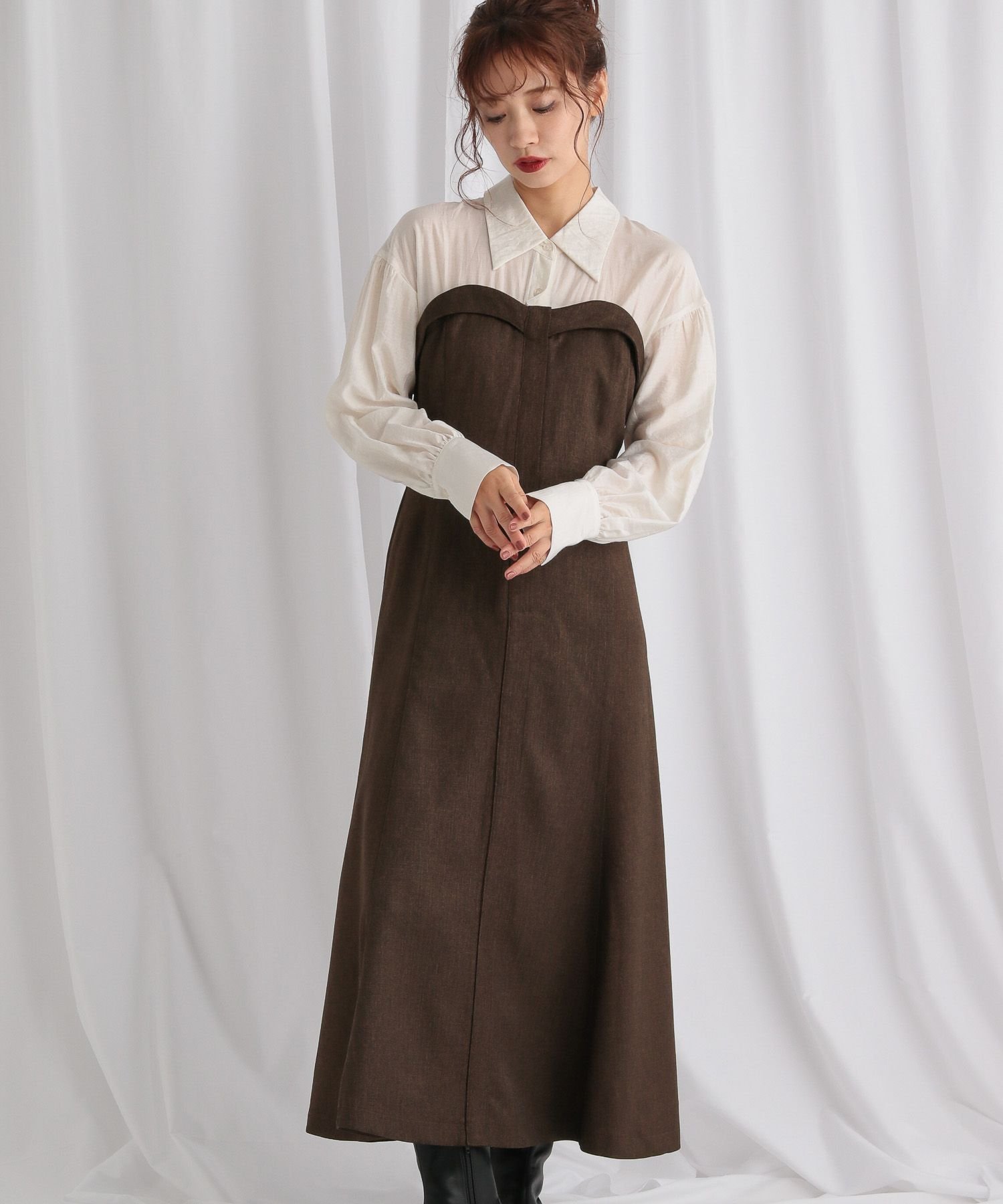 【ミスティ ウーマン/mysty woman】のシャツドッキングワンピース インテリア・キッズ・メンズ・レディースファッション・服の通販 founy(ファニー) 　ファッション　Fashion　レディースファッション　Fashion for Women　ワンピース　Dresses　おすすめ　Recommended / Our Picks　クラシカル　Classical, Vintage-Inspired　シアー　Sheer, See-Through　シャーリング　Shirring, Ruched　ショート　Short, Short Length　ドッキング　Docking, Mixed Material　ベロア　Velour, Soft Velvet　レース　Lace, Lace Fabric　人気　Popular, Best Seller　A/W・秋冬　Autumn/Winter　ブラウン|ID: prp329100004647180 ipo3291000000033546132