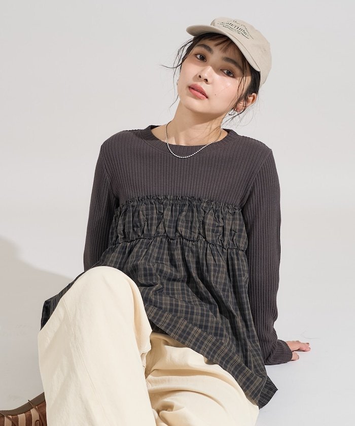 【フリークスストア/FREAK'S STORE】のアーミーリブ チェック ドッキングロンT 25AW インテリア・キッズ・メンズ・レディースファッション・服の通販 founy(ファニー) 　ファッション　Fashion　レディースファッション　Fashion for Women　トップス・カットソー　Cut & Sew Tops　ロングTシャツ・Tシャツ　Longline T-Shirts & Tees　2025年　2025　2025-2026秋冬・A/W　Autumn/Winter 2025–26 AW25–26　冬　Winter / This Winter　チェック　Check, Plaid, Tartan　ドッキング　Docking, Mixed Material　秋　Autumn　A/W・秋冬　Autumn/Winter　チャコールグレー|ID: prp329100004647244 ipo3291000000033958970