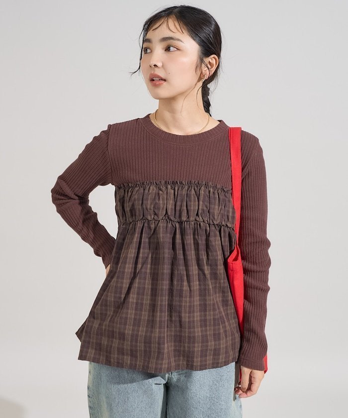 【フリークスストア/FREAK'S STORE】のアーミーリブ チェック ドッキングロンT 25AW インテリア・キッズ・メンズ・レディースファッション・服の通販 founy(ファニー) 　ファッション　Fashion　レディースファッション　Fashion for Women　トップス・カットソー　Cut & Sew Tops　ロングTシャツ・Tシャツ　Longline T-Shirts & Tees　2025年　2025　2025-2026秋冬・A/W　Autumn/Winter 2025–26 AW25–26　冬　Winter / This Winter　チェック　Check, Plaid, Tartan　ドッキング　Docking, Mixed Material　秋　Autumn　A/W・秋冬　Autumn/Winter　ブラウン|ID: prp329100004647244 ipo3291000000033958971