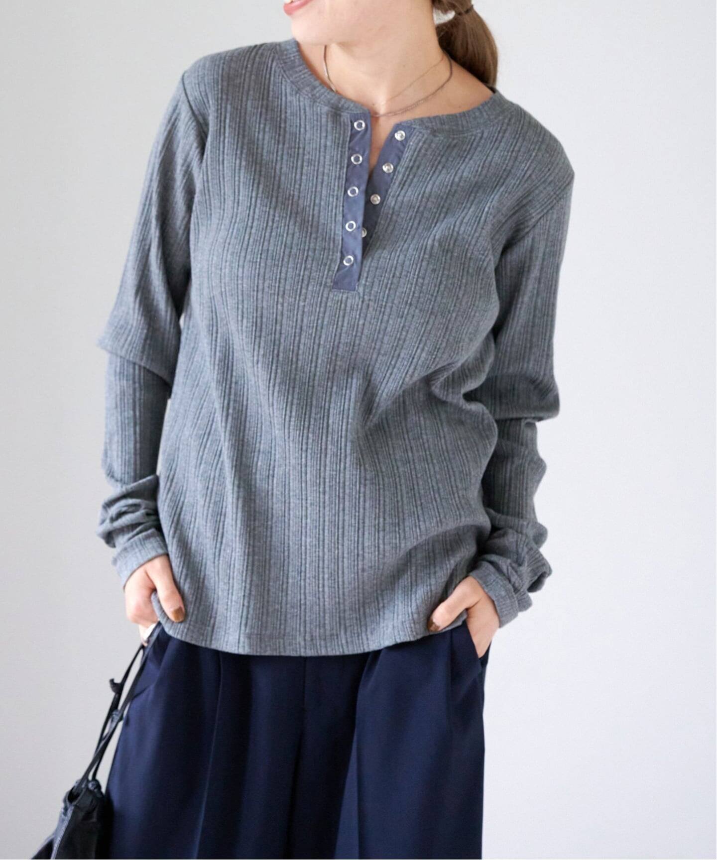【アウトドアプロダクツ ユージュアルシングス/OUTDOOR PRODUCTS Usual Things】のリブヘンリーネックTEE インテリア・キッズ・メンズ・レディースファッション・服の通販 founy(ファニー) 　ファッション　Fashion　レディースファッション　Fashion for Women　インナー　Innerwear　サロペット　Overalls, Salopette　ドット　Polka Dot, Dot Pattern　フィット　Fit, Slim Fit　メンズ　Men's, Menswear　A/W・秋冬　Autumn/Winter　グレーA|ID: prp329100004647257 ipo3291000000033546505