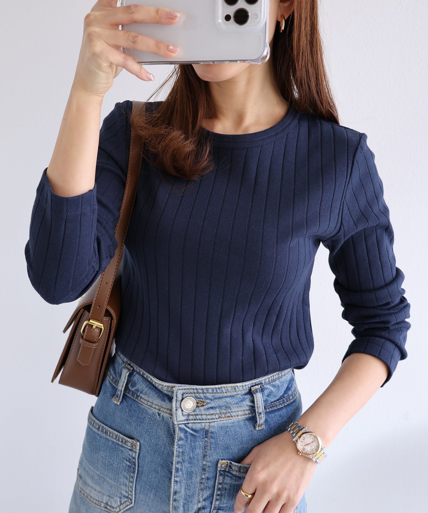 【アンドミー/andme】のコットン 長袖 ワイドリブ クルーネック Tシャツ インテリア・キッズ・メンズ・レディースファッション・服の通販 founy(ファニー) 　ファッション　Fashion　レディースファッション　Fashion for Women　トップス・カットソー　Cut & Sew Tops　シャツ・ブラウス・オフィスカジュアル　Elegant Blouses & Button-Ups　ロングTシャツ・Tシャツ　Longline T-Shirts & Tees　サロペ　Salopette, Salopette Dress　フィット　Fit, Slim Fit　ベーシック　Basic, Essential　ワイドリブ　Wide Rib, Wide Ribbed Knit　人気　Popular, Best Seller　長袖　Long Sleeve, Full Sleeve　ネイビー|ID: prp329100004647287 ipo3291000000033546751
