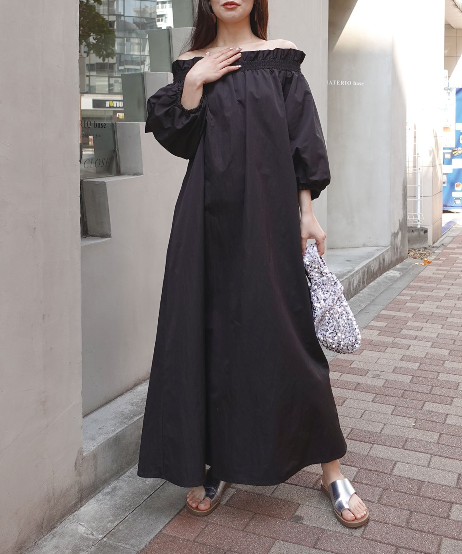 【コーナーズ/CORNERS】のナイロンタフタオフショルワンピース インテリア・キッズ・メンズ・レディースファッション・服の通販 founy(ファニー) 　ファッション　Fashion　レディースファッション　Fashion for Women　ワンピース　Dresses　ブラック|ID: prp329100004647315 ipo3291000000033547068