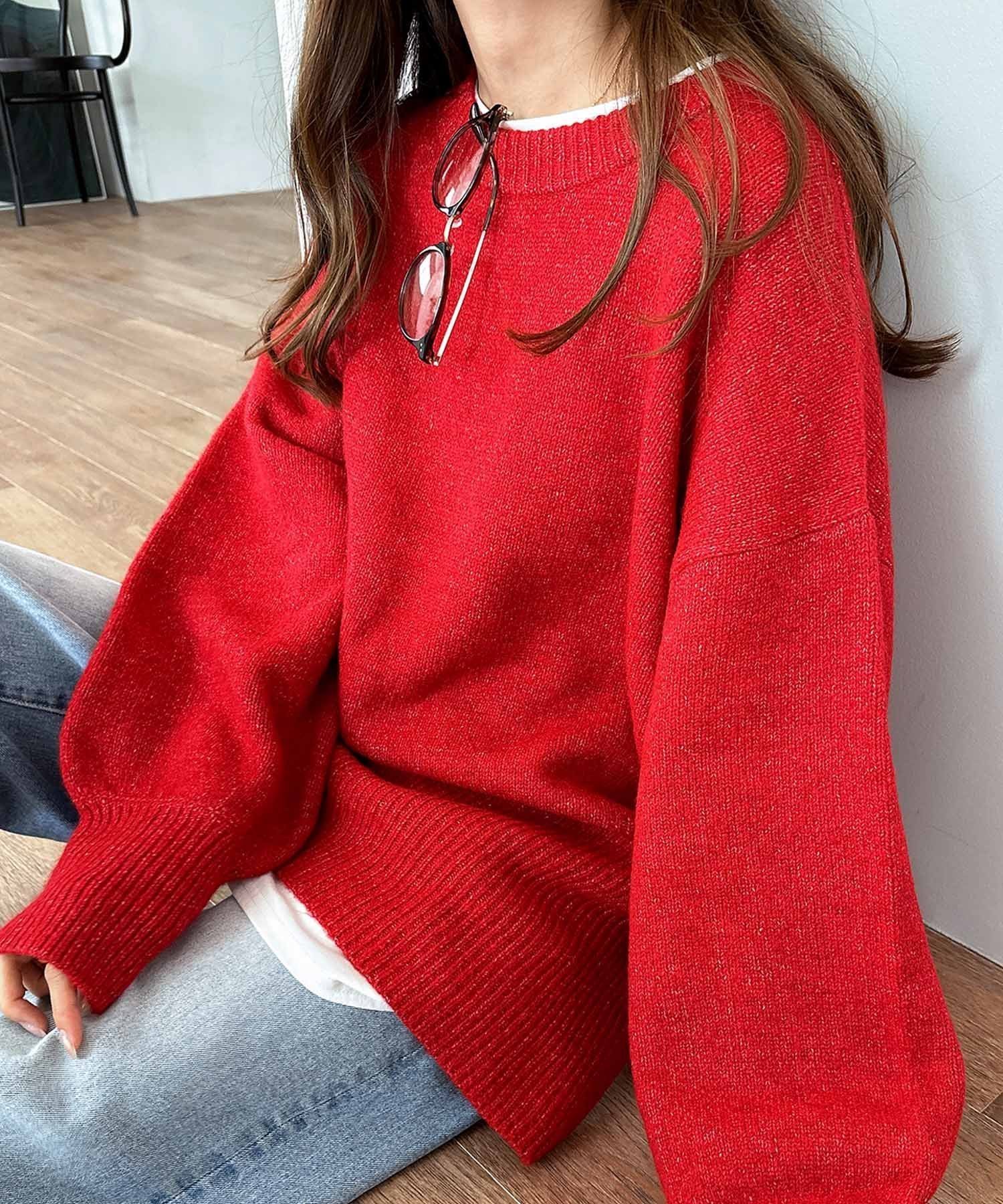 【アンドミー/andme】の天竺編み ボックスシルエット 長袖 ニットトップス インテリア・キッズ・メンズ・レディースファッション・服の通販 founy(ファニー) 　ファッション　Fashion　レディースファッション　Fashion for Women　トップス・カットソー　Cut & Sew Tops　ニット　Knit Tops & Sweaters　おすすめ　Recommended / Our Picks　シンプル　Simple, Minimal　スリット　Slit, Slit Detail　トレンド　Trend, Trending Now　ボックス　Boxy, Box Shape　長袖　Long Sleeve, Full Sleeve　レッド|ID: prp329100004647372 ipo3291000000033547800