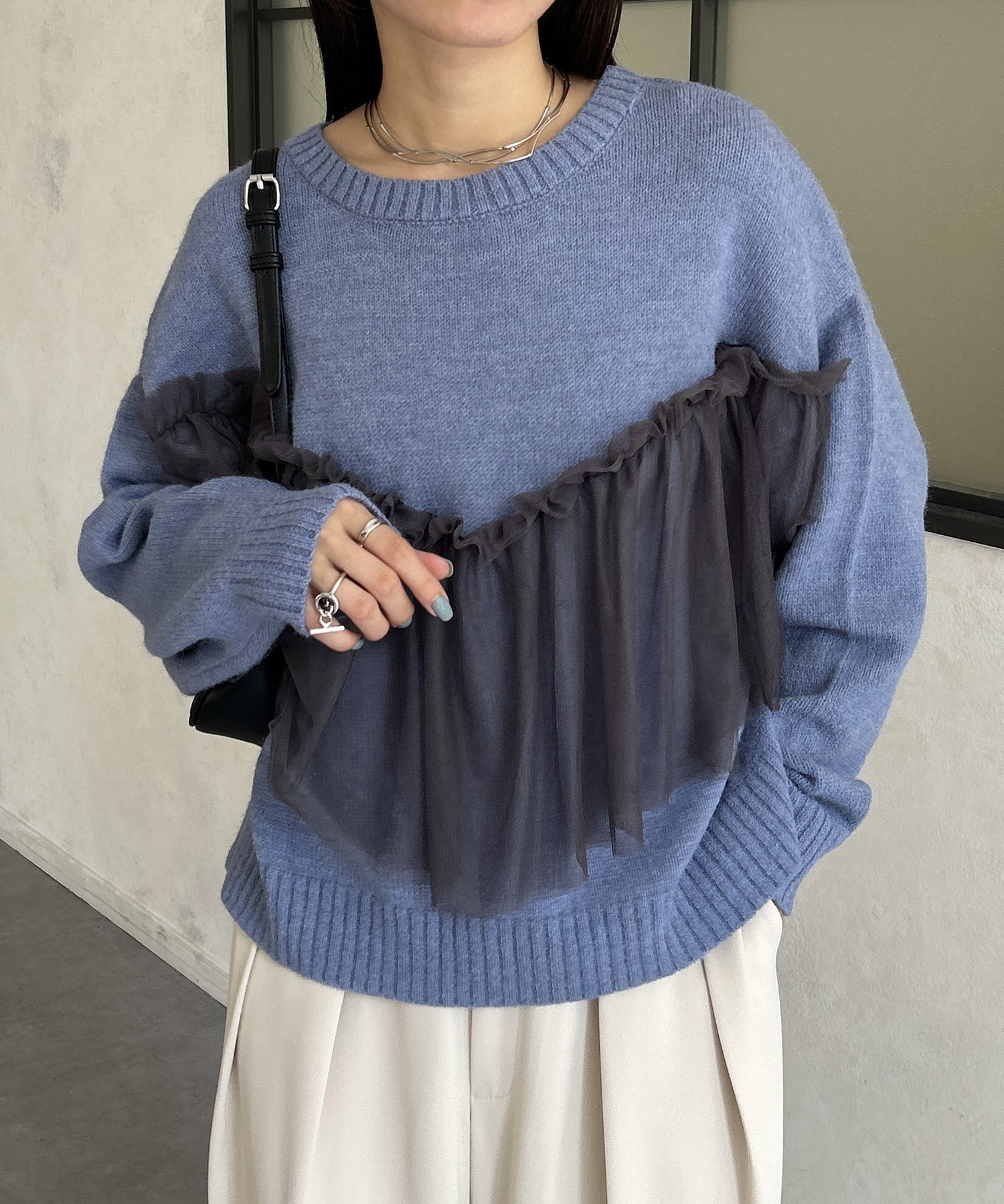 【ゼヴォン/Thevon】のチュールビスチェドッキングニット インテリア・キッズ・メンズ・レディースファッション・服の通販 founy(ファニー) 　ファッション　Fashion　レディースファッション　Fashion for Women　トップス・カットソー　Cut & Sew Tops　ニット　Knit Tops & Sweaters　ビスチェ　Bustiers & Corset Tops / Layered Bustier Style　2025年　2025　2025-2026秋冬・A/W　Autumn/Winter 2025–26 AW25–26　スラックス　Slacks, Dress Pants　タイトスカート　Pencil Skirt, Tight Skirt　チュール　Tulip, Tulip Motif　デニム　Denim, Jeans Material　トレンド　Trend, Trending Now　リラックス　Relax, Relaxed Fit　秋　Autumn　ブルー|ID: prp329100004647376 ipo3291000000033547893