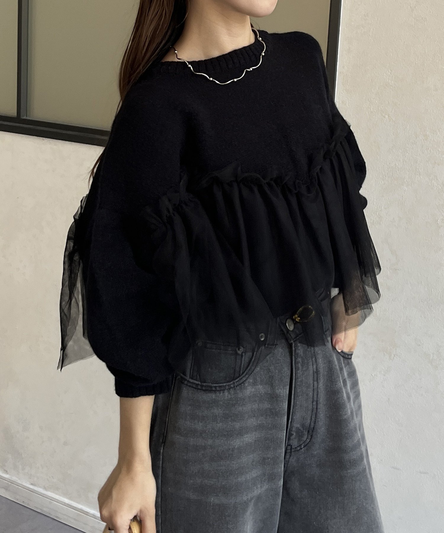 【ゼヴォン/Thevon】のチュールビスチェドッキングニット インテリア・キッズ・メンズ・レディースファッション・服の通販 founy(ファニー) 　ファッション　Fashion　レディースファッション　Fashion for Women　トップス・カットソー　Cut & Sew Tops　ニット　Knit Tops & Sweaters　ビスチェ　Bustiers & Corset Tops / Layered Bustier Style　2025年　2025　2025-2026秋冬・A/W　Autumn/Winter 2025–26 AW25–26　スラックス　Slacks, Dress Pants　タイトスカート　Pencil Skirt, Tight Skirt　チュール　Tulip, Tulip Motif　デニム　Denim, Jeans Material　トレンド　Trend, Trending Now　リラックス　Relax, Relaxed Fit　秋　Autumn　ブラック|ID: prp329100004647376 ipo3291000000033547898