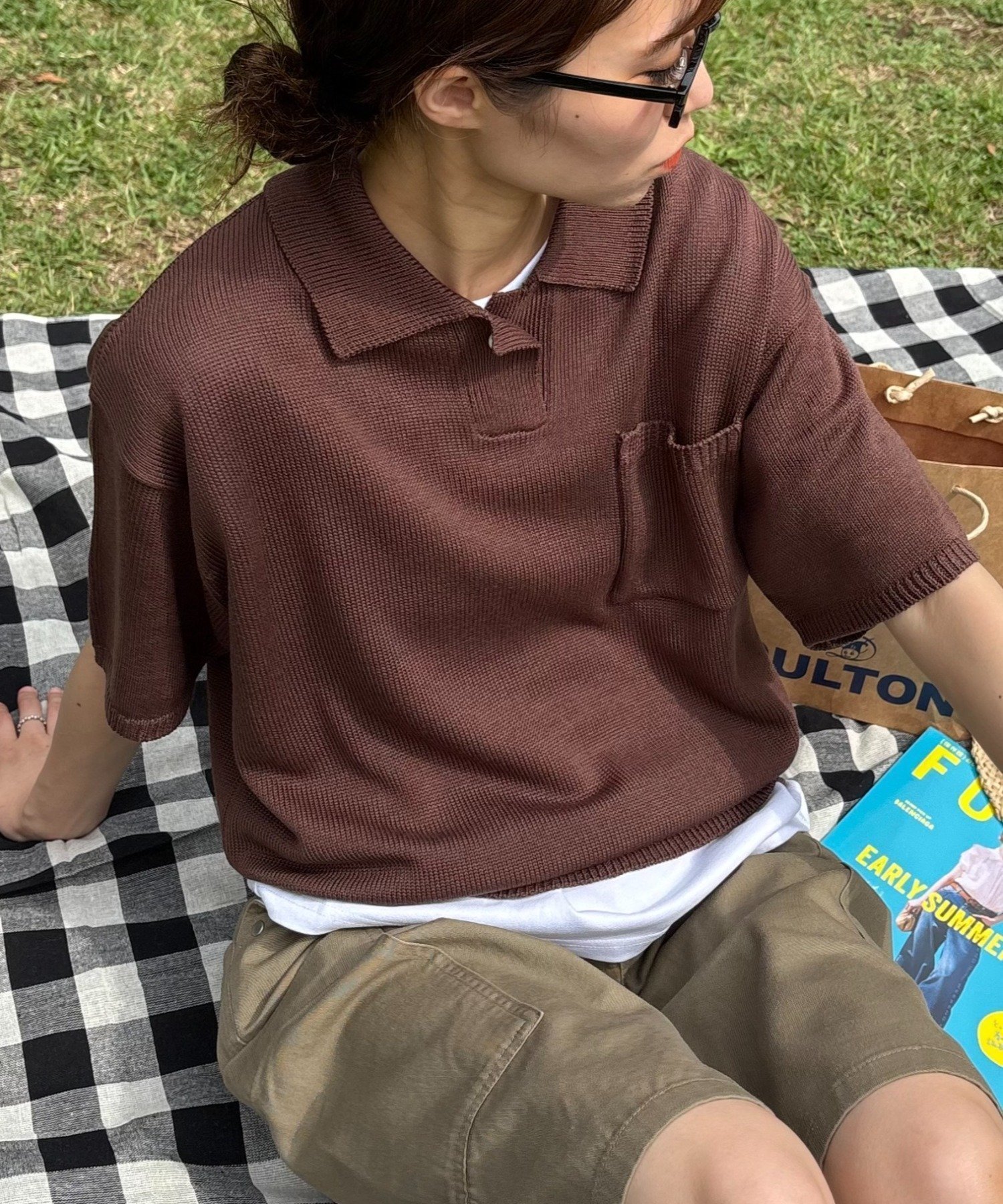 【チャオパニックティピー/CIAOPANIC TYPY】の【UNISEX】サマーニットポロシャツ インテリア・キッズ・メンズ・レディースファッション・服の通販 founy(ファニー) 　ファッション　Fashion　レディースファッション　Fashion for Women　トップス・カットソー　Cut & Sew Tops　ニット　Knit Tops & Sweaters　シャツ・ブラウス・オフィスカジュアル　Elegant Blouses & Button-Ups　ポロシャツ・きれいめカジュアル　Smart-Casual Polo Tops　ユニセックス　Unisex, Genderless　おすすめ　Recommended / Our Picks　コンパクト　Compact, Small Size　サマー　Summer, Summer Style　シンプル　Simple, Minimal　デニム　Denim, Jeans Material　ポケット　Pocket, Pocket Detail　ポロシャツ　Polo Shirt, Collared Tee　ブラウン|ID: prp329100004647449 ipo3291000000033548583