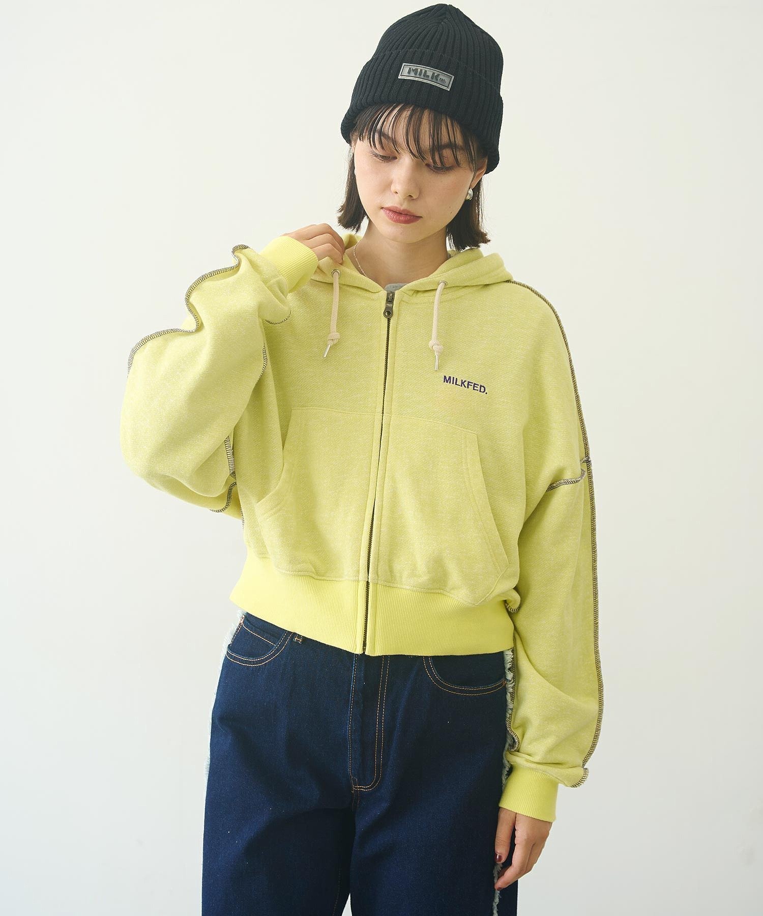 【ミルクフェド/MILKFED.】のOVERLOCK STICHED ZIP UP HOODIE インテリア・キッズ・メンズ・レディースファッション・服の通販 founy(ファニー) 　ファッション　Fashion　レディースファッション　Fashion for Women　シンプル　Simple, Minimal　スウェット / スエット　Sweatshirt, Sweatwear　パーカー　Hoodie, Parka　YELLOW|ID: prp329100004647473 ipo3291000000033548889