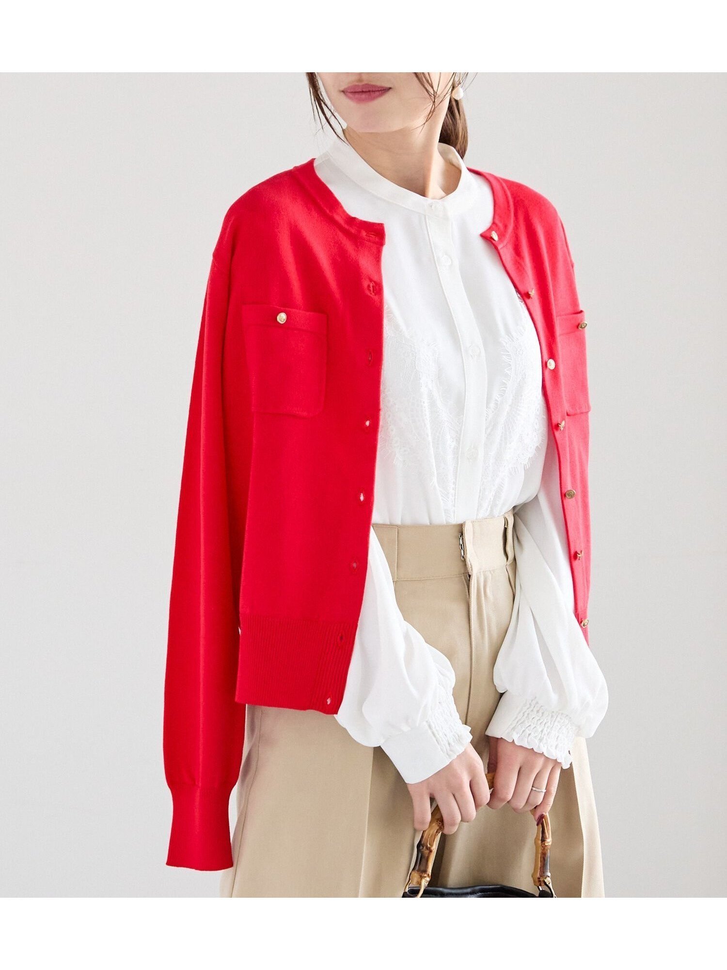 【テチチ/Te chichi】のポケットデザインクルーネックカーディガン インテリア・キッズ・メンズ・レディースファッション・服の通販 founy(ファニー) 　ファッション　Fashion　レディースファッション　Fashion for Women　トップス・カットソー　Cut & Sew Tops　カーディガン・羽織り　Layered Style Cardigans　フィット　Fit, Slim Fit　フロント　Front, Front Design　ポケット　Pocket, Pocket Detail　エレガント 上品　Elegant　無地　Plain, Solid Color　レッド|ID: prp329100004647532 ipo3291000000033549364