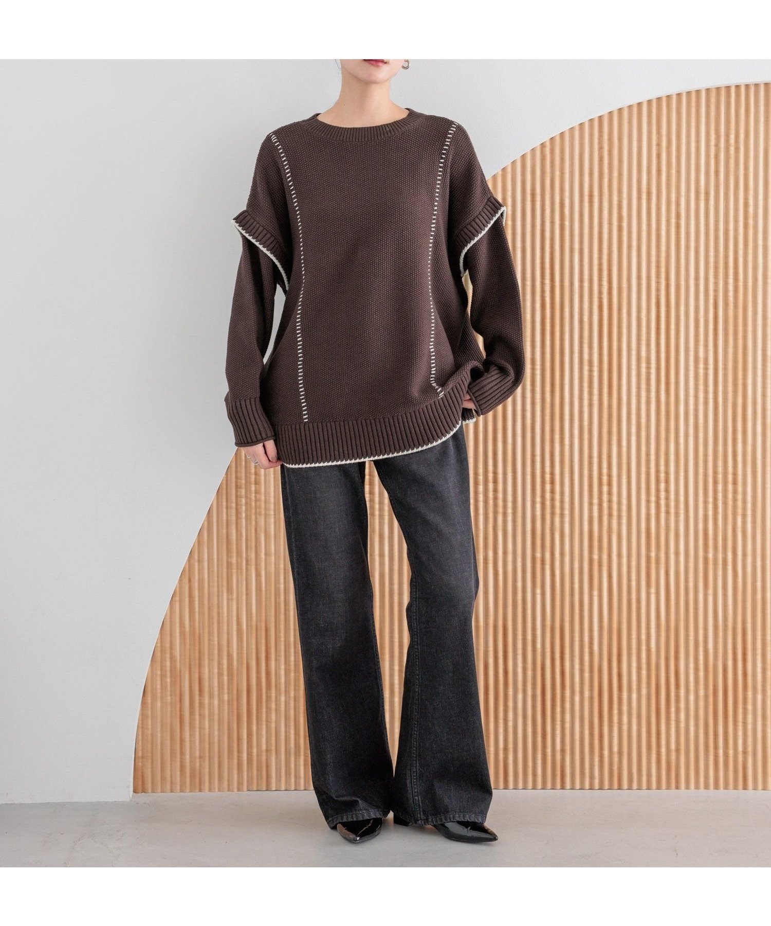 【ローリーズファーム/LOWRYS FARM】の2WAYハイショクステッチプルオーバー インテリア・キッズ・メンズ・レディースファッション・服の通販 founy(ファニー) 　ファッション　Fashion　レディースファッション　Fashion for Women　トップス・カットソー　Cut & Sew Tops　カジュアルプルオーバー・ニットトップス　Pullovers & Knit Tops / Casual Pullovers　アクリル　Acrylic Material　シンプル　Simple, Minimal　定番　Standard, Basic Item　楽ちん　Easy Fit, Comfortable　A/W・秋冬　Autumn/Winter　ブラウン|ID: prp329100004647546 ipo3291000000033549480