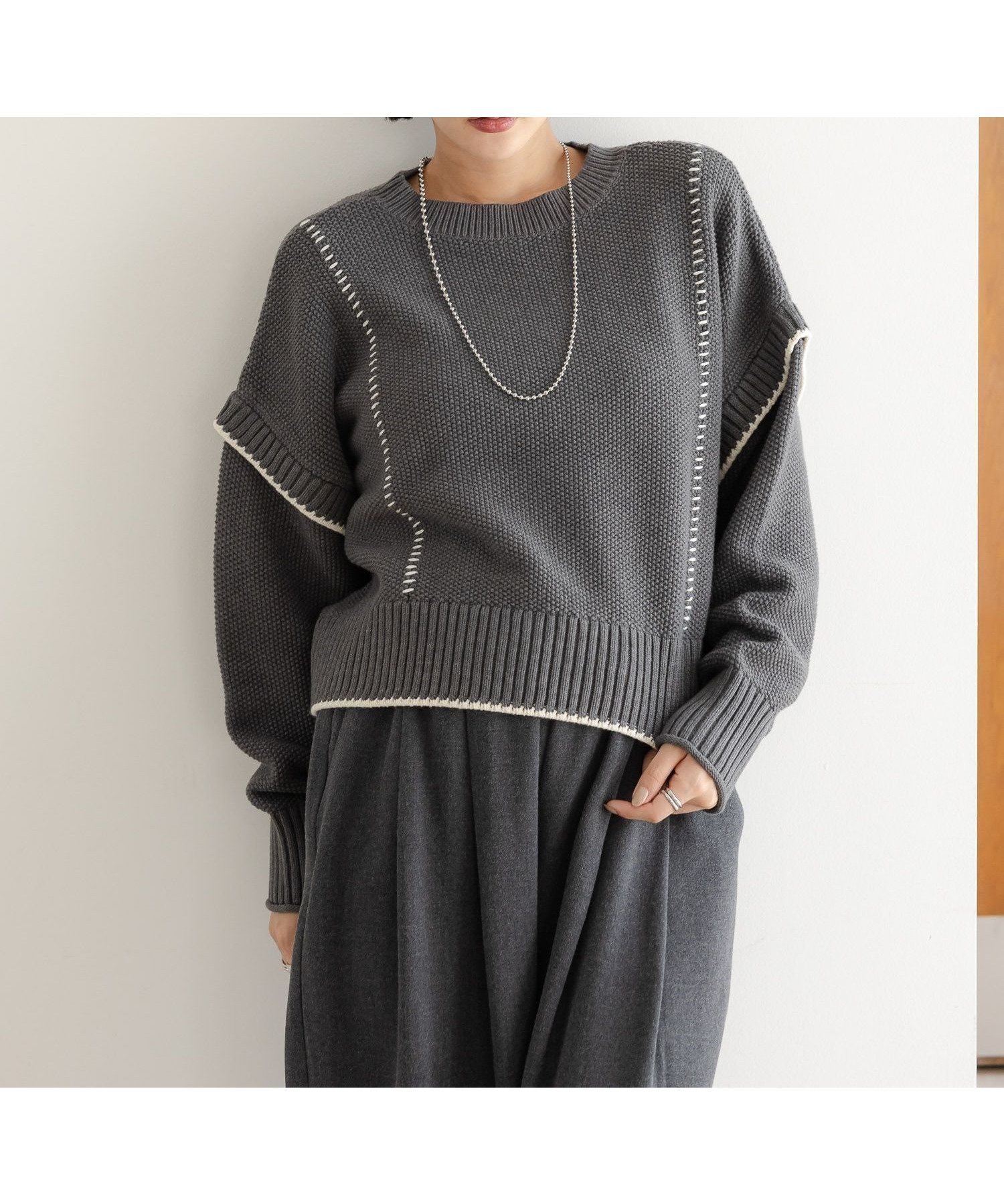 【ローリーズファーム/LOWRYS FARM】の2WAYハイショクステッチプルオーバー インテリア・キッズ・メンズ・レディースファッション・服の通販 founy(ファニー) 　ファッション　Fashion　レディースファッション　Fashion for Women　トップス・カットソー　Cut & Sew Tops　カジュアルプルオーバー・ニットトップス　Pullovers & Knit Tops / Casual Pullovers　アクリル　Acrylic Material　シンプル　Simple, Minimal　定番　Standard, Basic Item　楽ちん　Easy Fit, Comfortable　A/W・秋冬　Autumn/Winter　グレー|ID: prp329100004647546 ipo3291000000033549483