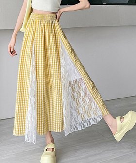【ミニミニストア/miniministore】のレース切り替え ロングチェック柄スカート 人気、トレンドファッション・服の通販 founy(ファニー) ファッション Fashion レディースファッション Fashion for Women スカート Skirts イエロー Yellow シンプル Simple, Minimal チェック Check, Plaid, Tartan レース Lace, Lace Fabric ロング Long, Long-Length 切替 Switching, Contrast Panel 夏 Summer 旅行 Travel 楽ちん Easy Fit, Comfortable |ID:prp329100004647916
