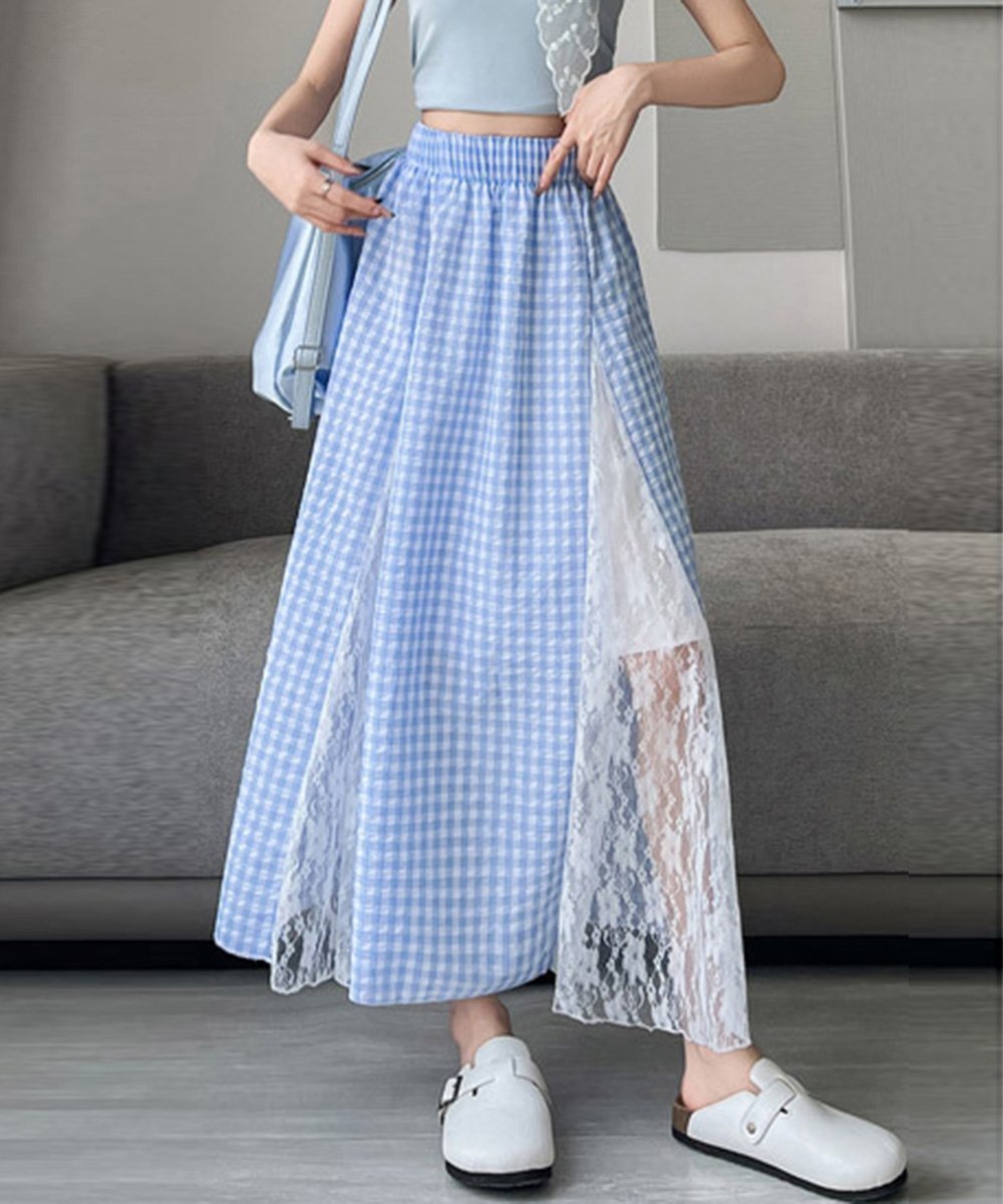 【ミニミニストア/miniministore】のレース切り替え ロングチェック柄スカート インテリア・キッズ・メンズ・レディースファッション・服の通販 founy(ファニー) 　ファッション　Fashion　レディースファッション　Fashion for Women　スカート　Skirts　イエロー　Yellow　シンプル　Simple, Minimal　チェック　Check, Plaid, Tartan　レース　Lace, Lace Fabric　ロング　Long, Long-Length　切替　Switching, Contrast Panel　夏　Summer　旅行　Travel　楽ちん　Easy Fit, Comfortable　ブルー|ID: prp329100004647916 ipo3291000000033554868