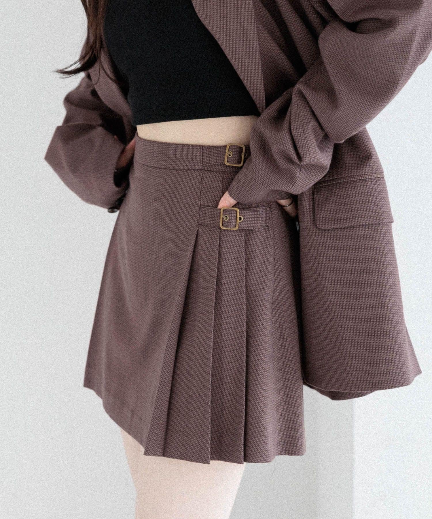 【ヘザー/Heather】のベルト付きサイドプリーツミニスカート インテリア・キッズ・メンズ・レディースファッション・服の通販 founy(ファニー) 　ファッション　Fashion　レディースファッション　Fashion for Women　スカート　Skirts　ミニスカート　Mini Skirts　ベルト&ウエストマーク　Belts & Waist Accessories　シンプル　Simple, Minimal　スウェット / スエット　Sweatshirt, Sweatwear　セットアップ　Set-Up, Coordinated Outfit　ミニスカート　Mini Skirt, Short Skirt　ブラウンチェック|ID: prp329100004647956 ipo3291000000033555391