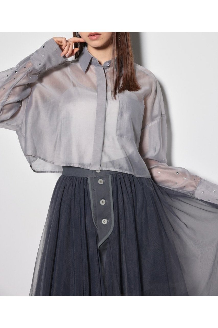 【リエンダ/rienda】のビジュースリーヴシアーシャツ インテリア・キッズ・メンズ・レディースファッション・服の通販 founy(ファニー) 　ファッション　Fashion　レディースファッション　Fashion for Women　トップス・カットソー　Cut & Sew Tops　シャツ・ブラウス・オフィスカジュアル　Elegant Blouses & Button-Ups　オーガンジー　Organza Fabric　ショート　Short, Short Length　フィット　Fit, Slim Fit　長袖　Long Sleeve, Full Sleeve　L/BLU1|ID: prp329100004647968 ipo3291000000033555486