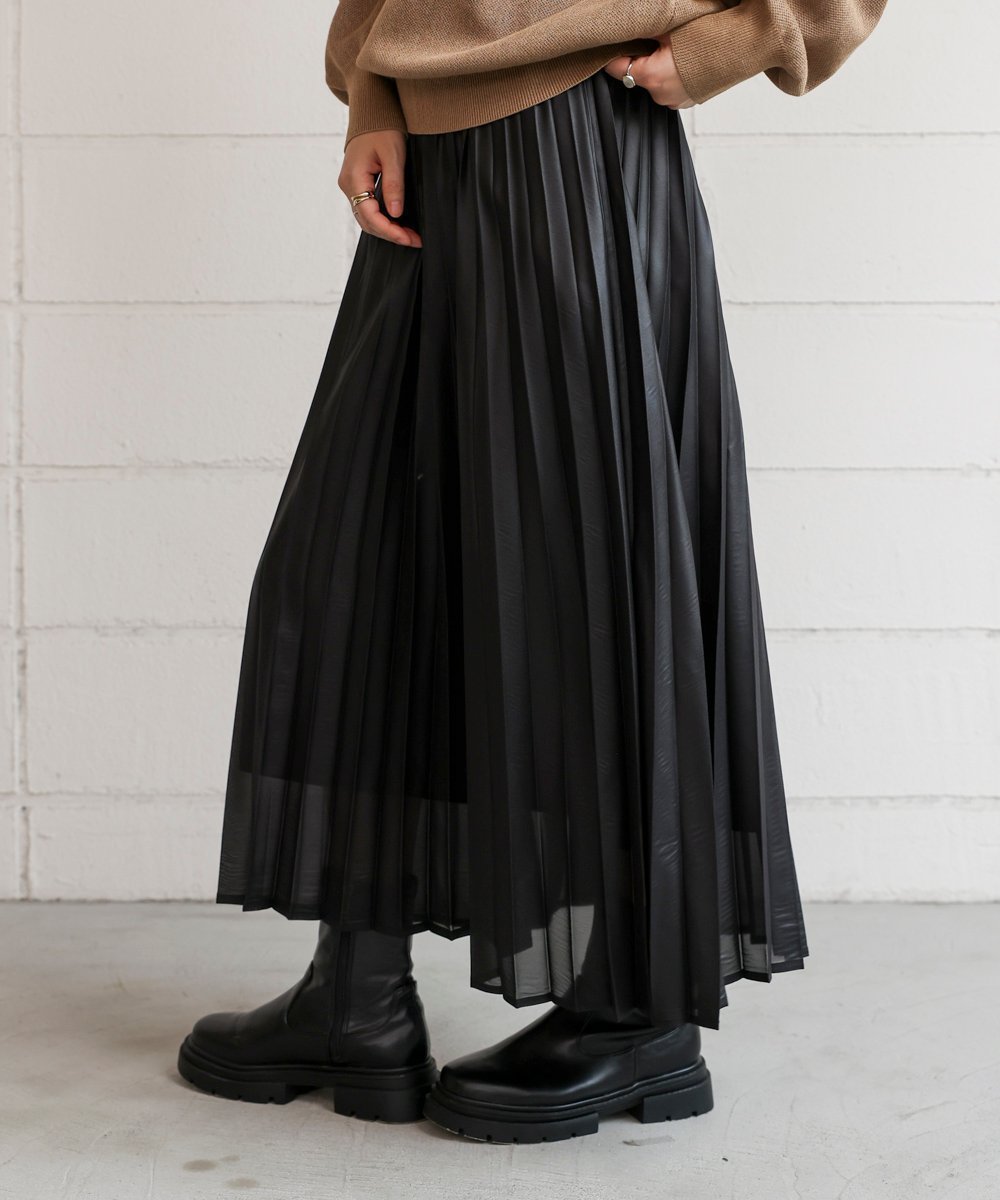 【バブ ブージュルード/Bab Bou Jeloud】のレザーライクチンツ加工スカート インテリア・キッズ・メンズ・レディースファッション・服の通販 founy(ファニー) 　ファッション　Fashion　レディースファッション　Fashion for Women　スカート　Skirts　おすすめ　Recommended / Our Picks　シフォン　Chiffon, Lightweight Fabric　ジョーゼット　Georgette, Semi-Sheer Fabric　プリーツ　Pleats, Pleated　ボトム　Bottoms, Lower Wear　再入荷　Restock / Back in Stock　秋　Autumn　BLACK|ID: prp329100004647969 ipo3291000000033555501