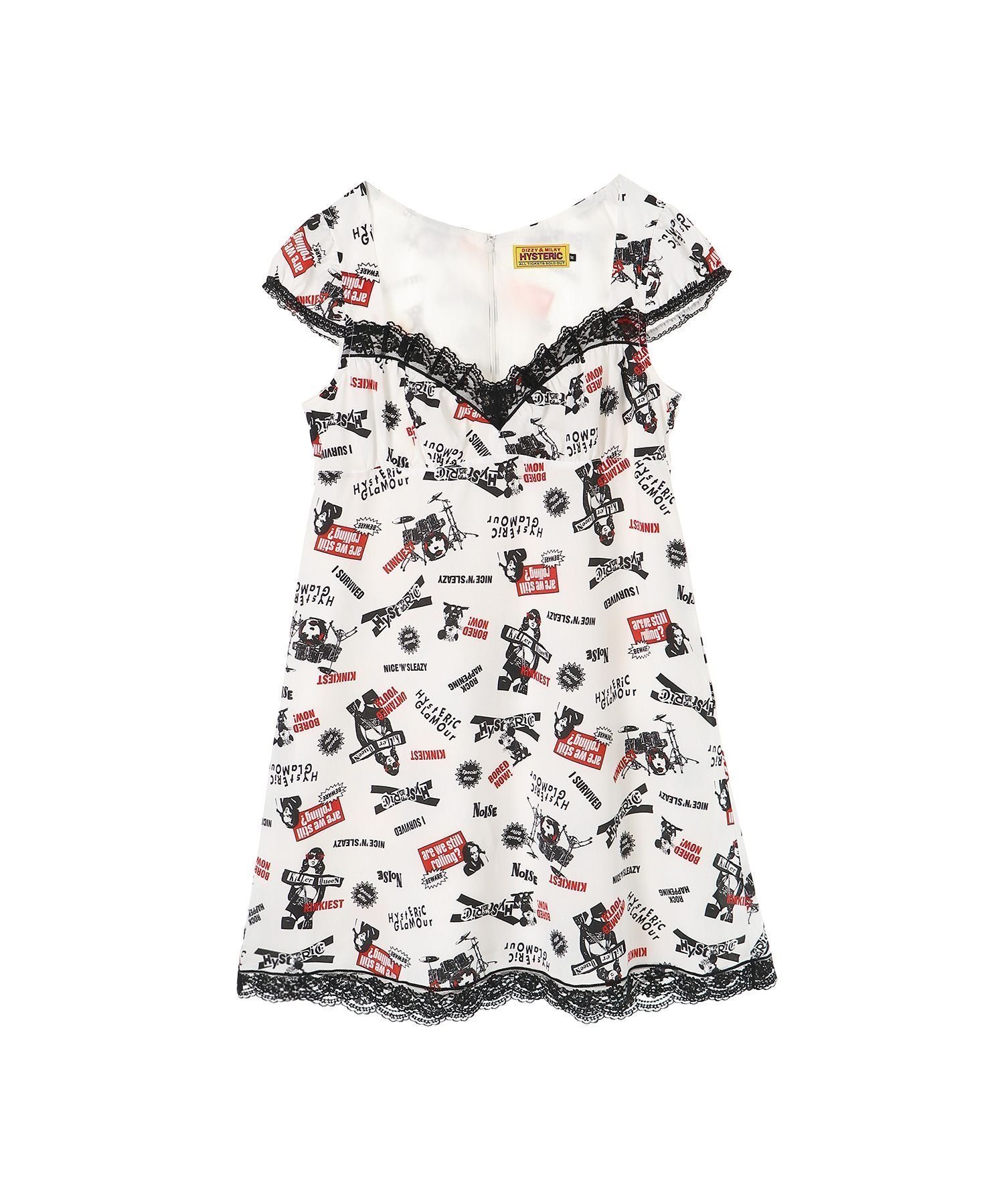 【ヒステリックグラマー/HYSTERIC GLAMOUR】のROCK HAPPENING柄 ワンピース インテリア・キッズ・メンズ・レディースファッション・服の通販 founy(ファニー) 　ファッション　Fashion　レディースファッション　Fashion for Women　ワンピース　Dresses　おすすめ　Recommended / Our Picks　キャップ　Cap, Baseball Cap　ギャザー　Gathered, Ruffled　スリーブ　Sleeve, Long Sleeve / Short Sleeve　フェミニン　Feminine, Girly　レース　Lace, Lace Fabric　ホワイト系柄|ID: prp329100004647992 ipo3291000000033555727