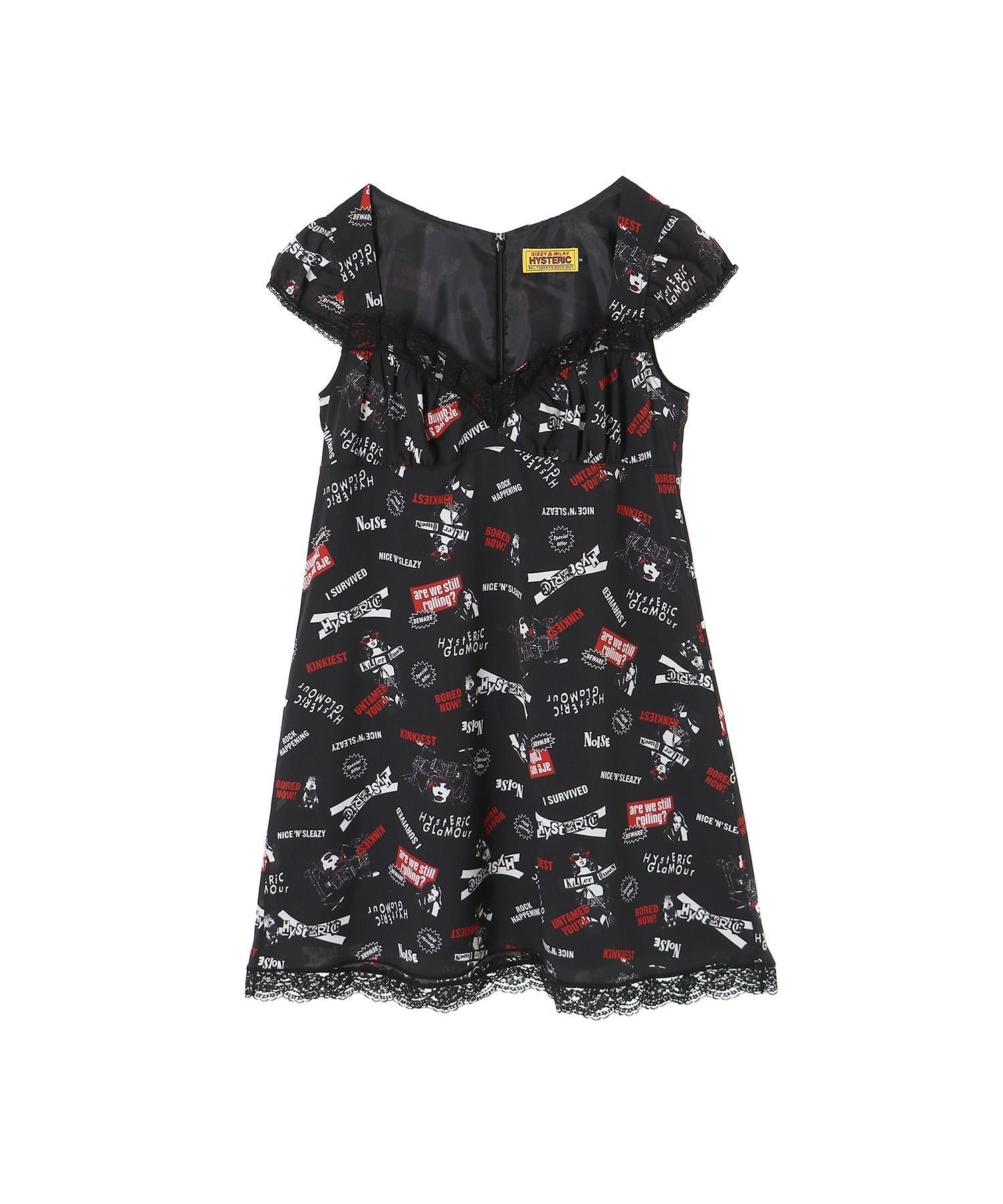 【ヒステリックグラマー/HYSTERIC GLAMOUR】のROCK HAPPENING柄 ワンピース インテリア・キッズ・メンズ・レディースファッション・服の通販 founy(ファニー) 　ファッション　Fashion　レディースファッション　Fashion for Women　ワンピース　Dresses　おすすめ　Recommended / Our Picks　キャップ　Cap, Baseball Cap　ギャザー　Gathered, Ruffled　スリーブ　Sleeve, Long Sleeve / Short Sleeve　フェミニン　Feminine, Girly　レース　Lace, Lace Fabric　ブラック系柄|ID: prp329100004647992 ipo3291000000033555729