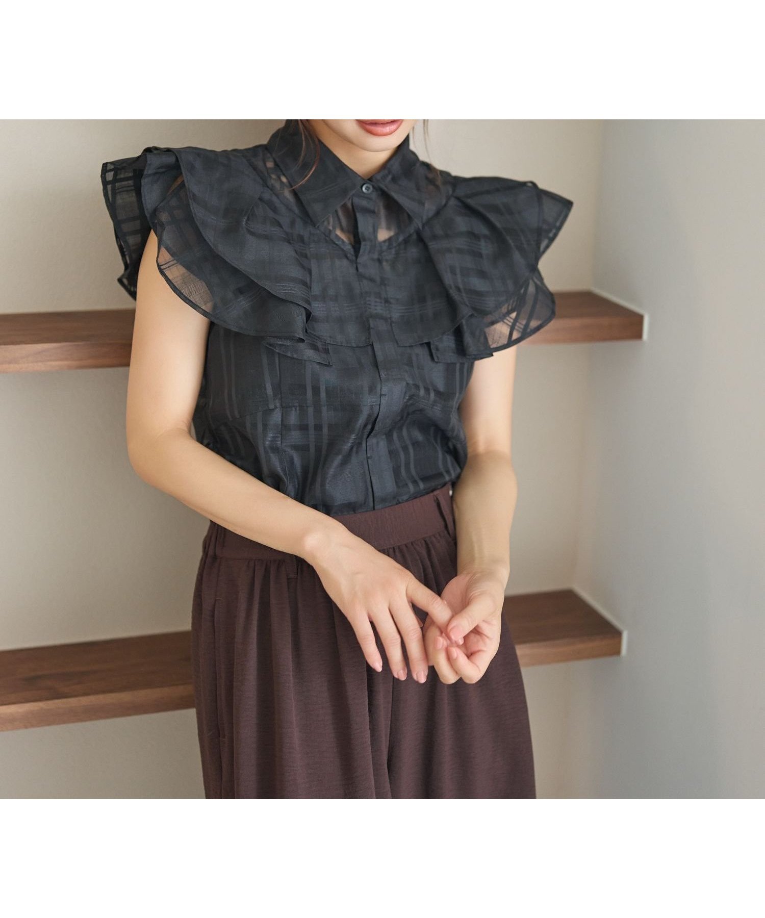 【ミスティ ウーマン/mysty woman】のシアーチェックブラウス インテリア・キッズ・メンズ・レディースファッション・服の通販 founy(ファニー) 　ファッション　Fashion　レディースファッション　Fashion for Women　トップス・カットソー　Cut & Sew Tops　シャツ・ブラウス・オフィスカジュアル　Elegant Blouses & Button-Ups　クラシカル　Classical, Vintage-Inspired　シアー　Sheer, See-Through　ダウン　Down, Puffer　チェック　Check, Plaid, Tartan　デニム　Denim, Jeans Material　フェミニン　Feminine, Girly　フリル　Frill, Ruffle　フレア　Flare, Flared　エレガント 上品　Elegant　ブラック|ID: prp329100004648026 ipo3291000000033555977