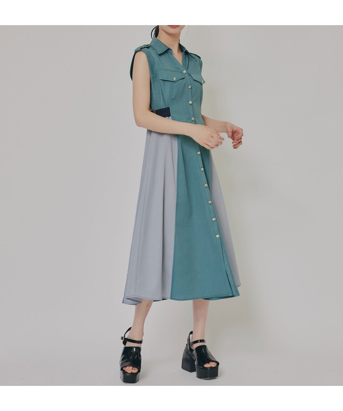 【レディアゼル/REDYAZEL】のカラーブロックベルトシャツワンピース インテリア・キッズ・メンズ・レディースファッション・服の通販 founy(ファニー) 　ファッション　Fashion　レディースファッション　Fashion for Women　ワンピース　Dresses　シャツワンピース / 1枚で着映えコーデ　Shirt Dresses　ベルト&ウエストマーク　Belts & Waist Accessories　スニーカー　Sneakers, Trainers　スリーブ　Sleeve, Long Sleeve / Short Sleeve　バランス　Balance, Style Balance　フレンチ　French, French Style　グリーン|ID: prp329100004648029 ipo3291000000033555990