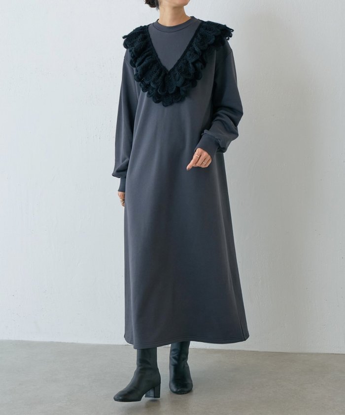 【ビアズリー/BEARDSLEY】のタムレース裏毛ワンピース インテリア・キッズ・メンズ・レディースファッション・服の通販 founy(ファニー) https://founy.com/ ファッション Fashion レディースファッション Fashion for Women ワンピース Dresses アクリル Acrylic Material カットソー Cut and Sewn Top フリル Frill, Ruffle レース Lace, Lace Fabric 透かし Cut-Out, Lacework |ID: prp329100004648034 ipo3291000000033556012