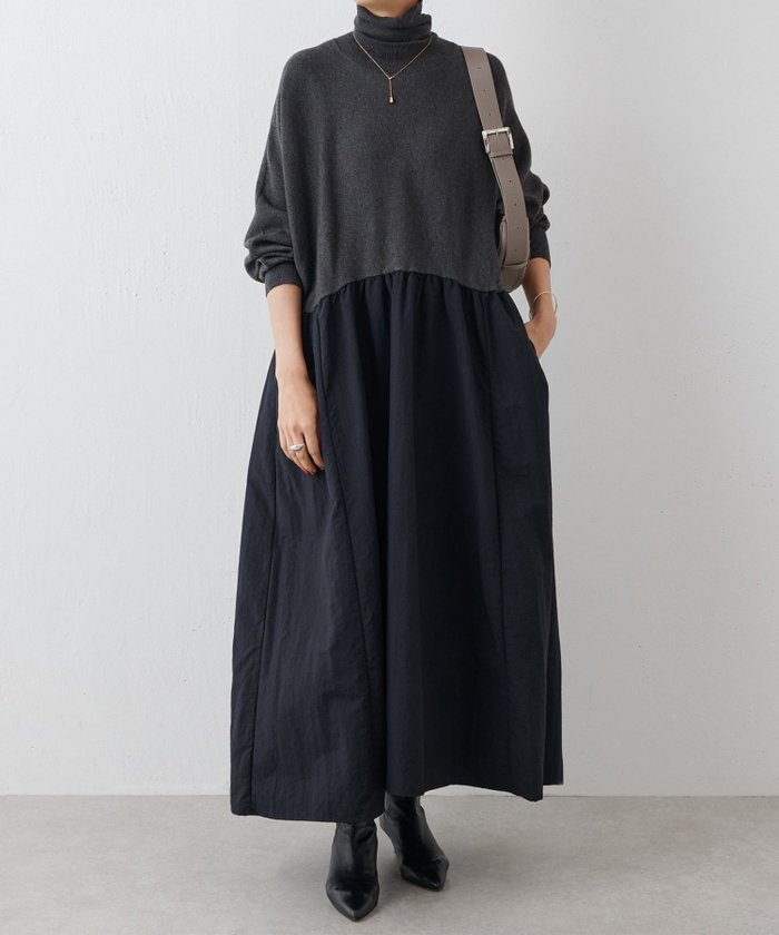 【ビアズリー/BEARDSLEY】のニットコンビギャザーワンピース インテリア・キッズ・メンズ・レディースファッション・服の通販 founy(ファニー) https://founy.com/ ファッション Fashion レディースファッション Fashion for Women ワンピース Dresses アクリル Acrylic Material ギャザー Gathered, Ruffled タートルネック Turtleneck, High Neck バランス Balance, Style Balance ベーシック Basic, Essential |ID: prp329100004648037 ipo3291000000033556031