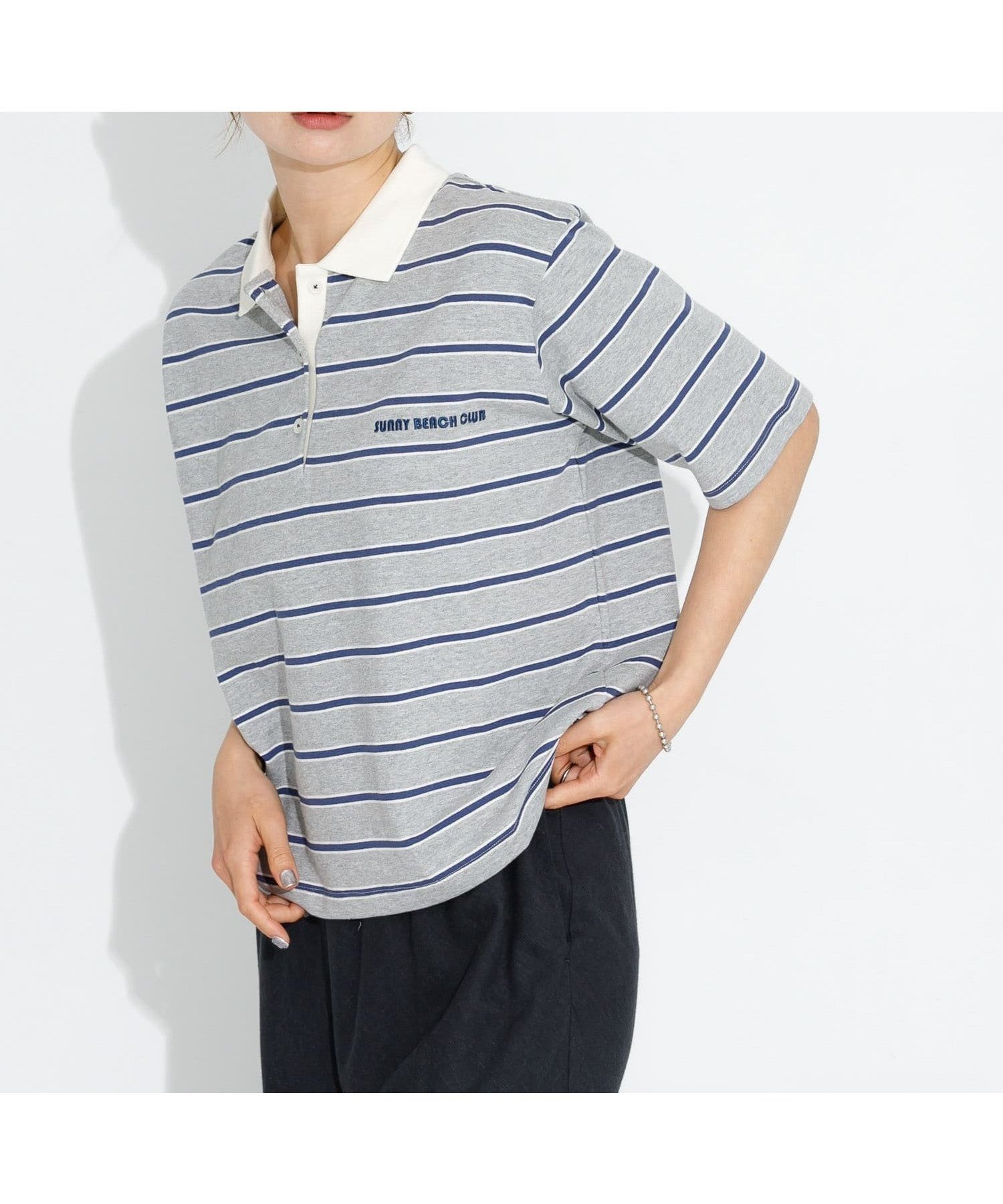 【サニーレーベル/Sonny Label / URBAN RESEARCH】のメッセージボーダーポロシャツ インテリア・キッズ・メンズ・レディースファッション・服の通販 founy(ファニー) 　ファッション　Fashion　レディースファッション　Fashion for Women　トップス・カットソー　Cut & Sew Tops　シャツ・ブラウス・オフィスカジュアル　Elegant Blouses & Button-Ups　ポロシャツ・きれいめカジュアル　Smart-Casual Polo Tops　2025年　2025　2025春夏・S/S　Spring/Summer 2025 SS25　おすすめ　Recommended / Our Picks　デニム　Denim, Jeans Material　トレンド　Trend, Trending Now　ボックス　Boxy, Box Shape　ボーダー　Border, Stripe　ポロシャツ　Polo Shirt, Collared Tee　ワイド　Wide, Wide Fit　今季　This Season, Current Season　夏　Summer　S/S・春夏　SS, Spring/Summer, Warm Season　長袖　Long Sleeve, Full Sleeve　グレー|ID: prp329100004648067 ipo3291000000033556369