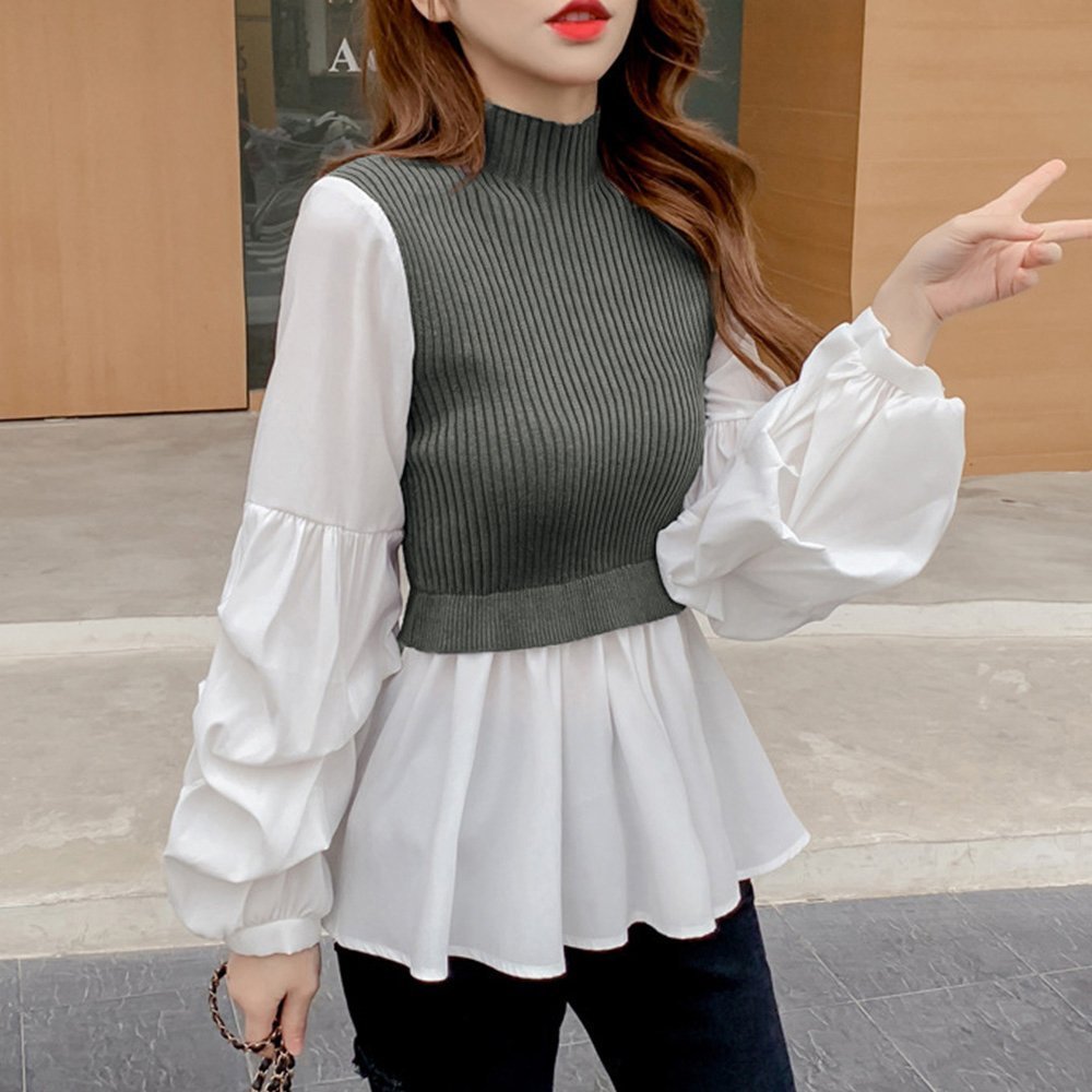 【ミニミニストア/miniministore】のドッキング ニットブラウス レディース インテリア・キッズ・メンズ・レディースファッション・服の通販 founy(ファニー) 　ファッション　Fashion　レディースファッション　Fashion for Women　トップス・カットソー　Cut & Sew Tops　ニット　Knit Tops & Sweaters　シャツ・ブラウス・オフィスカジュアル　Elegant Blouses & Button-Ups　アクリル　Acrylic Material　ウォーム　Warm Fabric　クラシカル　Classical, Vintage-Inspired　クール　Cool, Chic　シンプル　Simple, Minimal　スリーブ　Sleeve, Long Sleeve / Short Sleeve　セーター　Sweater, Knitwear　ドッキング　Docking, Mixed Material　ノースリーブ　Sleeveless, No-Sleeve　長袖　Long Sleeve, Full Sleeve　フレア　Flare, Flared　ペプラム　Peplum, Flared Hem　ダークグレー|ID: prp329100004648080 ipo3291000000033556635