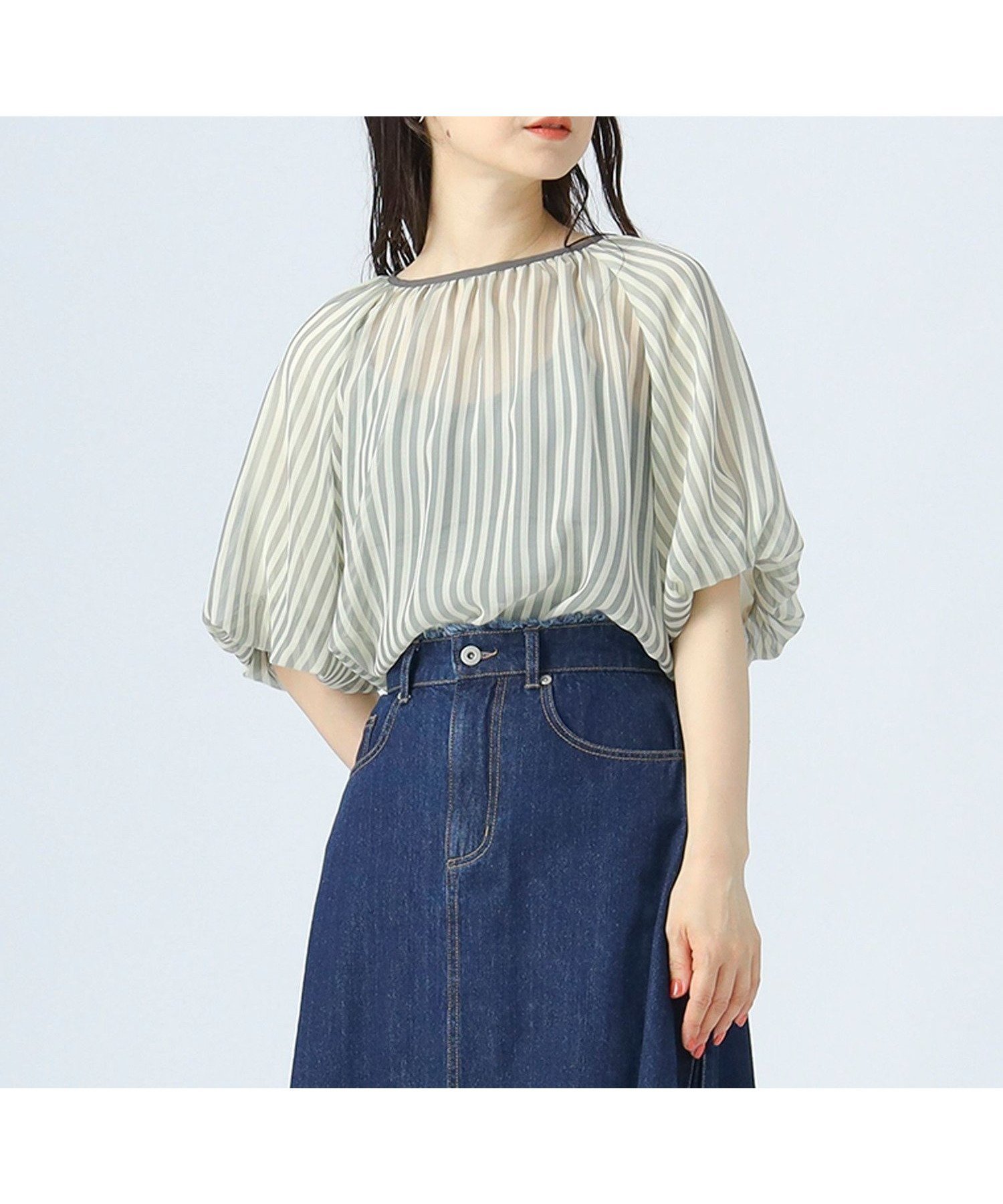 【ビームス ハート/BEAMS HEART】のシアー ストライプ バルーン ブラウス インテリア・キッズ・メンズ・レディースファッション・服の通販 founy(ファニー) 　ファッション　Fashion　レディースファッション　Fashion for Women　トップス・カットソー　Cut & Sew Tops　シャツ・ブラウス・オフィスカジュアル　Elegant Blouses & Button-Ups　ギャザー　Gathered, Ruffled　シアー　Sheer, See-Through　シンプル　Simple, Minimal　ストライプ　Stripe, Striped Pattern　タイトスカート　Pencil Skirt, Tight Skirt　バルーン　Balloon, Balloon Silhouette　パイピング　Piping, Trim Design　フェミニン　Feminine, Girly　ワイド　Wide, Wide Fit　エレガント 上品　Elegant　GREY|ID: prp329100004648111 ipo3291000000033557104