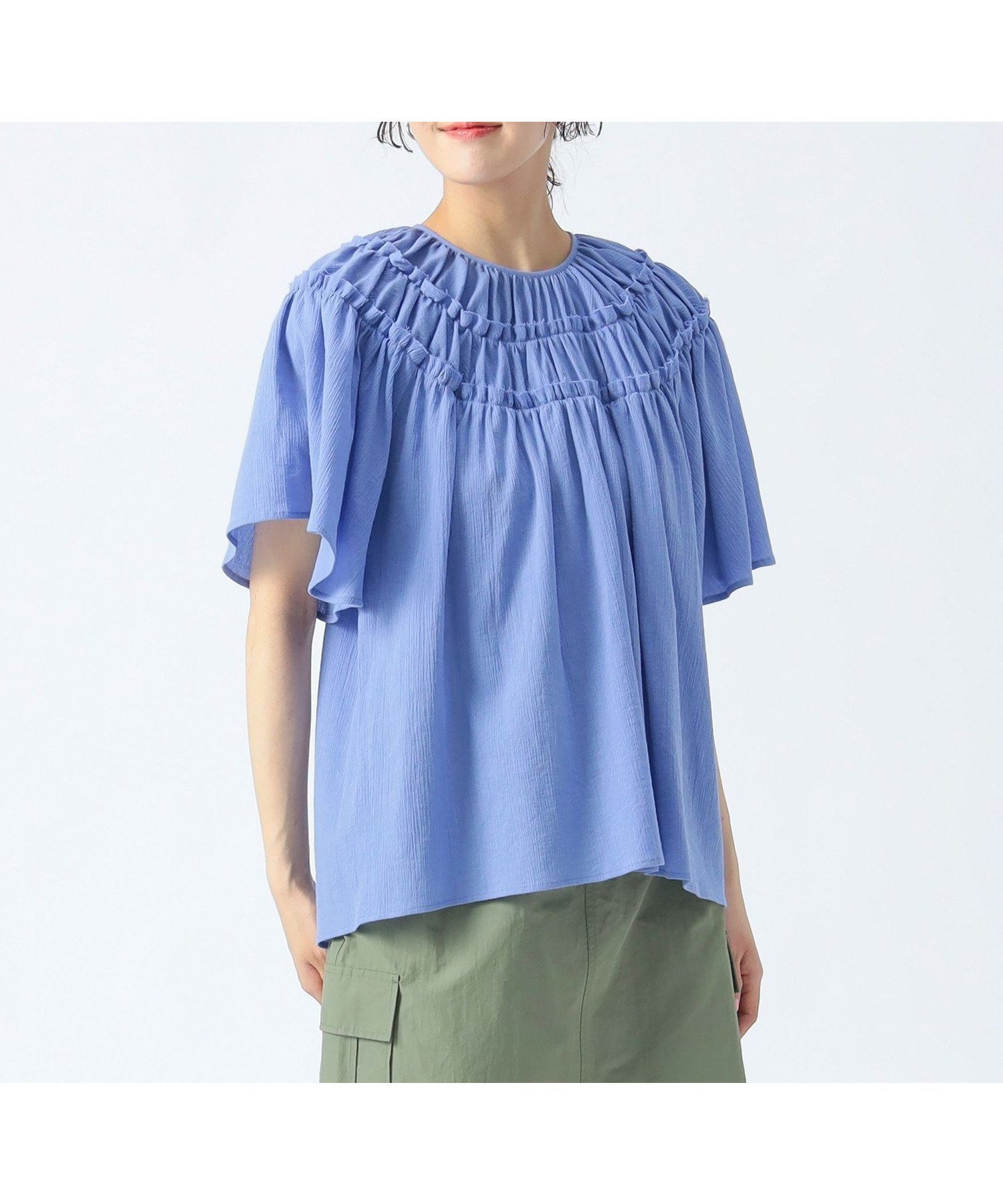 【ビームス ハート/BEAMS HEART】のフリル ギャザー ブラウス インテリア・キッズ・メンズ・レディースファッション・服の通販 founy(ファニー) 　ファッション　Fashion　レディースファッション　Fashion for Women　トップス・カットソー　Cut & Sew Tops　シャツ・ブラウス・オフィスカジュアル　Elegant Blouses & Button-Ups　ギャザー　Gathered, Ruffled　ダウン　Down, Puffer　デニム　Denim, Jeans Material　フェミニン　Feminine, Girly　フリル　Frill, Ruffle　ワイド　Wide, Wide Fit　切替　Switching, Contrast Panel　BLUE|ID: prp329100004648164 ipo3291000000033557658