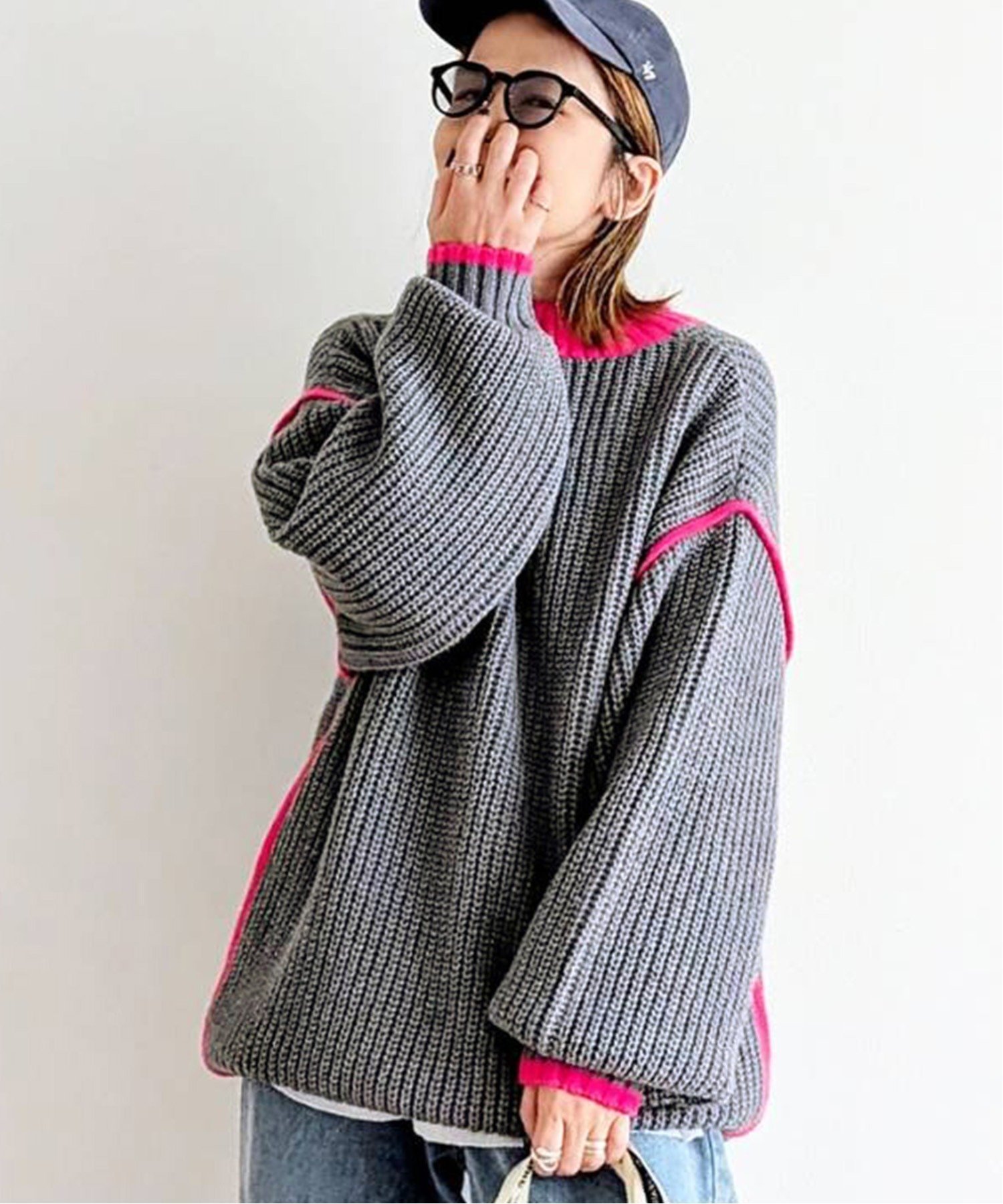 【ノッチ/notch】の【notch. by yui 】オーバーサイズバイカラーニット 2025AW インテリア・キッズ・メンズ・レディースファッション・服の通販 founy(ファニー) 　ファッション　Fashion　レディースファッション　Fashion for Women　トップス・カットソー　Cut & Sew Tops　ニット　Knit Tops & Sweaters　インナー　Innerwear　デニム　Denim, Jeans Material　人気　Popular, Best Seller　ベーシック　Basic, Essential　リラックス　Relax, Relaxed Fit　おすすめ　Recommended / Our Picks　2025年　2025　2025-2026秋冬・A/W　Autumn/Winter 2025–26 AW25–26　グレー|ID: prp329100004648181 ipo3291000000034459224