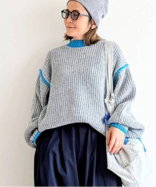 【ノッチ/notch】の【notch. by yui 】オーバーサイズバイカラーニット 2025AW インテリア・キッズ・メンズ・レディースファッション・服の通販 founy(ファニー) 　ファッション　Fashion　レディースファッション　Fashion for Women　トップス・カットソー　Cut & Sew Tops　ニット　Knit Tops & Sweaters　インナー　Innerwear　デニム　Denim, Jeans Material　人気　Popular, Best Seller　ベーシック　Basic, Essential　リラックス　Relax, Relaxed Fit　おすすめ　Recommended / Our Picks　2025年　2025　2025-2026秋冬・A/W　Autumn/Winter 2025–26 AW25–26　ライトブルー|ID: prp329100004648181 ipo3291000000034459226