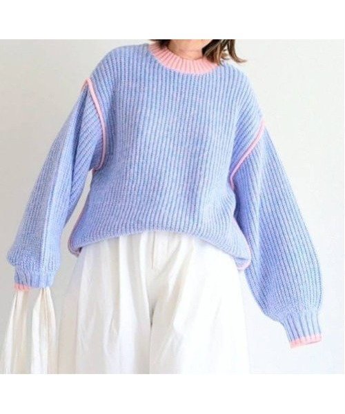 【ノッチ/notch】の【notch. by yui 】オーバーサイズバイカラーニット 2025AW インテリア・キッズ・メンズ・レディースファッション・服の通販 founy(ファニー) 　ファッション　Fashion　レディースファッション　Fashion for Women　トップス・カットソー　Cut & Sew Tops　ニット　Knit Tops & Sweaters　インナー　Innerwear　デニム　Denim, Jeans Material　人気　Popular, Best Seller　ベーシック　Basic, Essential　リラックス　Relax, Relaxed Fit　おすすめ　Recommended / Our Picks　2025年　2025　2025-2026秋冬・A/W　Autumn/Winter 2025–26 AW25–26　ピンクケイ|ID: prp329100004648181 ipo3291000000034459231
