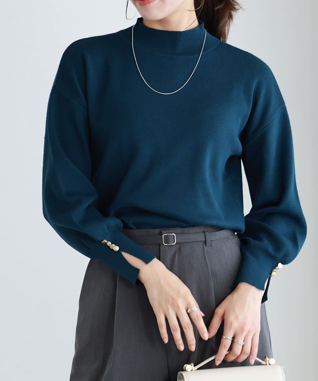 【ピエロ/Pierrot】のゴールドボタンボリュームスリーブニット インテリア・キッズ・メンズ・レディースファッション・服の通販 founy(ファニー) 　ファッション　Fashion　レディースファッション　Fashion for Women　トップス・カットソー　Cut & Sew Tops　ニット　Knit Tops & Sweaters　ボリューム袖・フリルスリーブブラウス　Voluminous & Ruffle Sleeves / Puffy Sleeve Tops　インナー　Innerwear　スリット　Slit, Slit Detail　スリーブ　Sleeve, Long Sleeve / Short Sleeve　ハイネック　High Neck, Mock Neck　ワンポイント　One Point, Statement Accent　エレガント 上品　Elegant　インディゴブルー|ID: prp329100004648205 ipo3291000000033558138