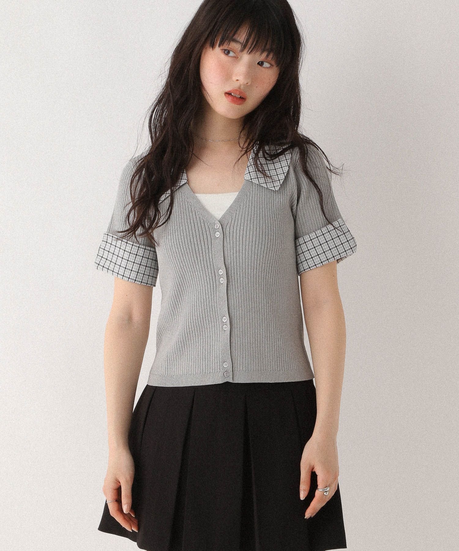 【ヘザー/Heather】のレイヤード半袖ニット インテリア・キッズ・メンズ・レディースファッション・服の通販 founy(ファニー) 　ファッション　Fashion　レディースファッション　Fashion for Women　トップス・カットソー　Cut & Sew Tops　ニット　Knit Tops & Sweaters　おすすめ　Recommended / Our Picks　サマー　Summer, Summer Style　チェック　Check, Plaid, Tartan　ボトム　Bottoms, Lower Wear　リブニット　Rib Knit, Ribbed Knit　半袖　Short Sleeve, Half Sleeve　グレー|ID: prp329100004648215 ipo3291000000033558280