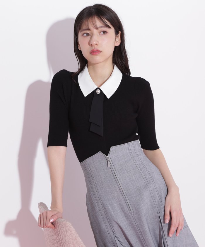 【ジルバイジルスチュアート/JILL by JILLSTUART】の襟付きリボンタイニットトップス 5分袖 インテリア・キッズ・メンズ・レディースファッション・服の通販 founy(ファニー) https://founy.com/ ファッション Fashion レディースファッション Fashion for Women トップス・カットソー Cut & Sew Tops ニット Knit Tops & Sweaters フィット Fit, Slim Fit ミニスカート Mini Skirt, Short Skirt リブニット Rib Knit, Ribbed Knit ロング Long, Long-Length 人気 Popular, Best Seller |ID: prp329100004648429 ipo3291000000033561017