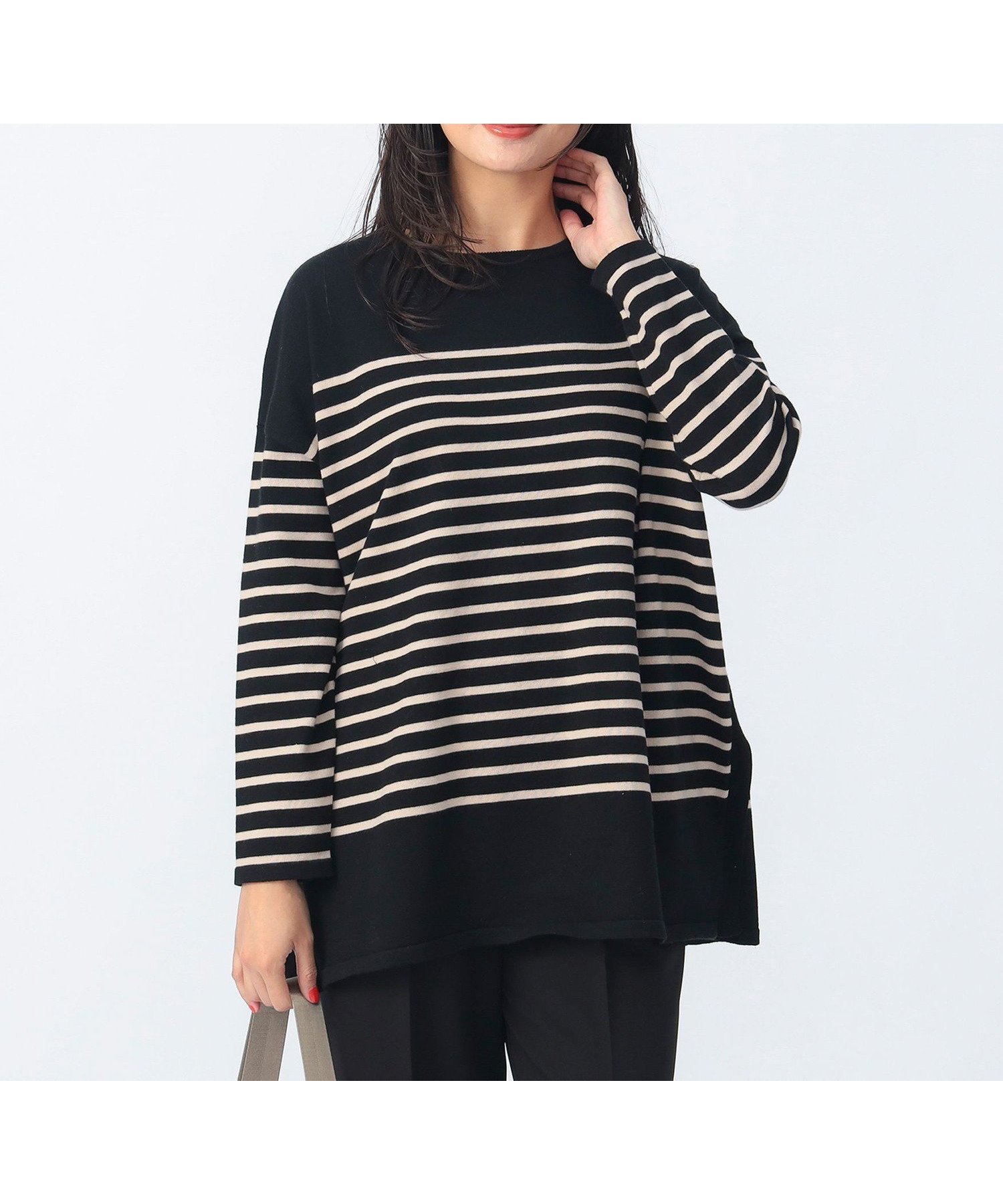 【ビームス ハート/BEAMS HEART】の【秋まで使える】ニットソー ボーダー プルオーバー 25SS(手洗い可能) 長袖 カットソー インテリア・キッズ・メンズ・レディースファッション・服の通販 founy(ファニー) 　ファッション　Fashion　レディースファッション　Fashion for Women　トップス・カットソー　Cut & Sew Tops　ニット　Knit Tops & Sweaters　カジュアルプルオーバー・ニットトップス　Pullovers & Knit Tops / Casual Pullovers　カットソー・ベーシックTシャツ　Cut-and-Sewn Tops / Stretch Tees & Basics　秋　Autumn　カットソー　Cut and Sewn Top　サロペット　Overalls, Salopette　シンプル　Simple, Minimal　ジャケット　Jacket, Outerwear　スラックス　Slacks, Dress Pants　スリット　Slit, Slit Detail　デニム　Denim, Jeans Material　ニットソー　Knit-Sewn, Cut & Sew Knit　人気　Popular, Best Seller　長袖　Long Sleeve, Full Sleeve　フレア　Flare, Flared　ボーダー　Border, Stripe　リラックス　Relax, Relaxed Fit　おすすめ　Recommended / Our Picks　エレガント 上品　Elegant　2025年　2025　2025春夏・S/S　Spring/Summer 2025 SS25　BLACK×BEIGE|ID: prp329100004648455 ipo3291000000033561411