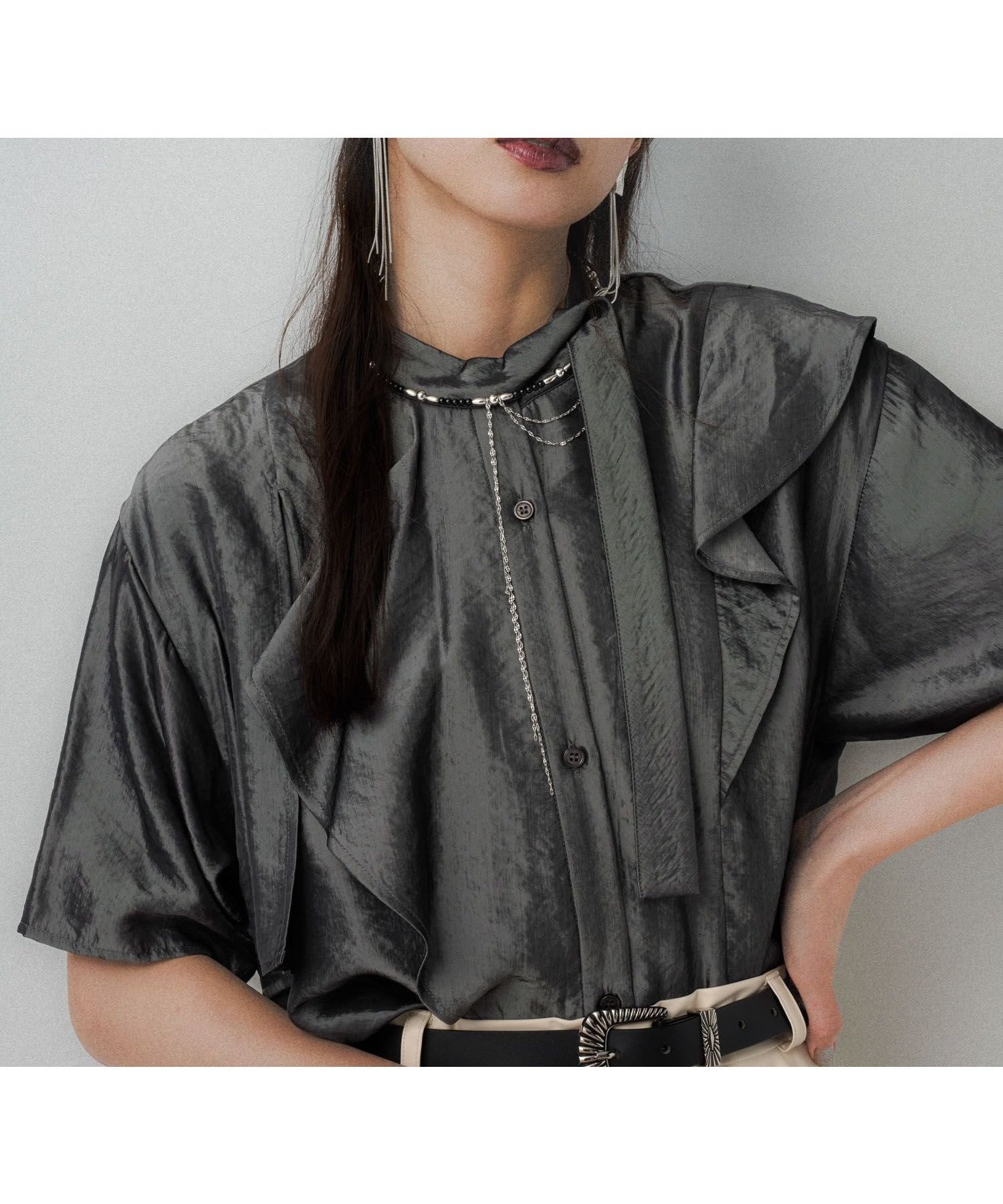 【ハレ/HARE】の【LADIES】キュプラライクブラウス インテリア・キッズ・メンズ・レディースファッション・服の通販 founy(ファニー) 　ファッション　Fashion　レディースファッション　Fashion for Women　トップス・カットソー　Cut & Sew Tops　シャツ・ブラウス・オフィスカジュアル　Elegant Blouses & Button-Ups　おすすめ　Recommended / Our Picks　ウェーブ　Wavy Pattern　ストレート　Straight, Straight Cut　ダウン　Down, Puffer　デニム　Denim, Jeans Material　フェミニン　Feminine, Girly　フレア　Flare, Flared　フロント　Front, Front Design　ブラウジング　Blouson Silhouette, Cinched Waist　ミドル　Middle Length, Mid Height　メタル　Metal, Metal Parts　エレガント 上品　Elegant　羽織　Haori, Light Jacket　グレー15|ID: prp329100004648457 ipo3291000000033561487