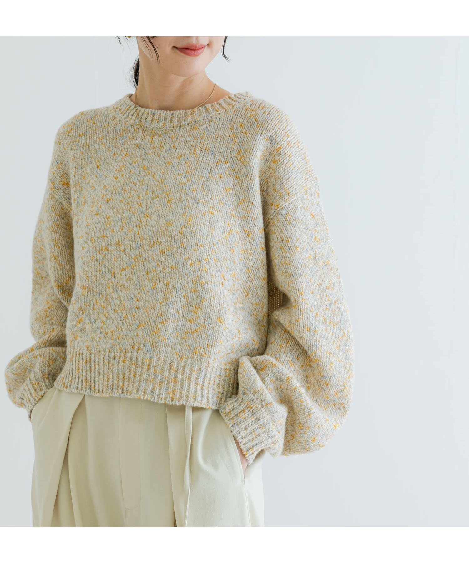 【アーバンリサーチ/URBAN RESEARCH】の『WEB限定』カラーメランジエアリークルーネックニット インテリア・キッズ・メンズ・レディースファッション・服の通販 founy(ファニー) 　ファッション　Fashion　レディースファッション　Fashion for Women　トップス・カットソー　Cut & Sew Tops　ニット　Knit Tops & Sweaters　2024年　2024　2024-2025秋冬・A/W　Autumn/Winter 2024–25 AW24–25　冬　Winter / This Winter　ショート　Short, Short Length　スラックス　Slacks, Dress Pants　デニム　Denim, Jeans Material　メランジ　Melange, Mixed Yarn　A/W・秋冬　Autumn/Winter　IVORYxYEL|ID: prp329100004648493 ipo3291000000033561865