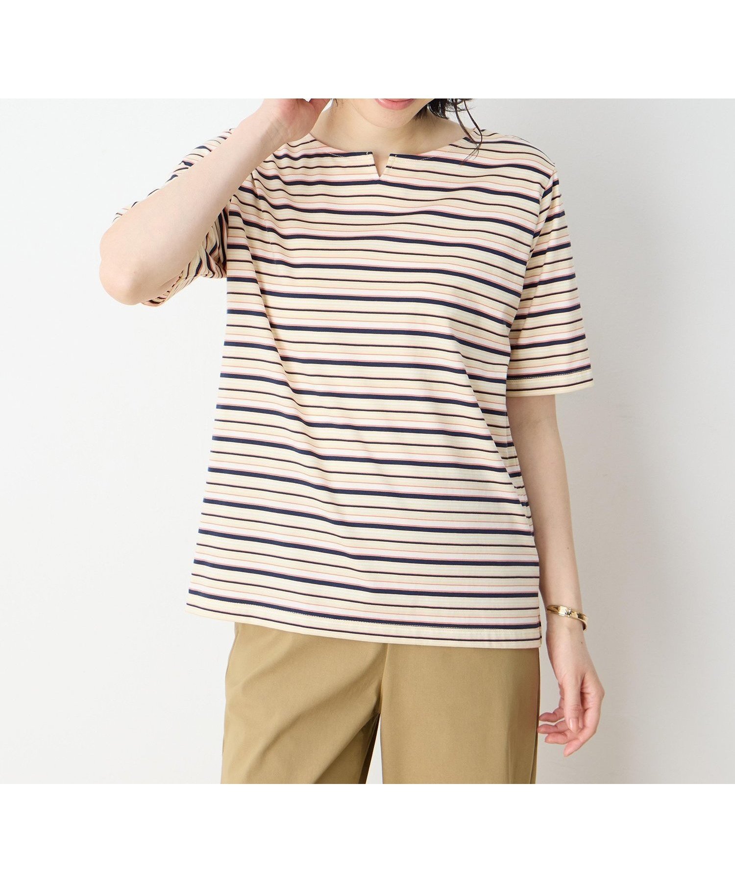 【デコイ/DECOY Since1981】の【冷感】【UVカット】ひやさらコットンプレミアムマルチボーダーTシャツ インテリア・キッズ・メンズ・レディースファッション・服の通販 founy(ファニー) 　ファッション　Fashion　レディースファッション　Fashion for Women　トップス・カットソー　Cut & Sew Tops　シャツ・ブラウス・オフィスカジュアル　Elegant Blouses & Button-Ups　ロングTシャツ・Tシャツ　Longline T-Shirts & Tees　プレミアム　Premium, High-End　ワンポイント　One Point, Statement Accent　オレンジ|ID: prp329100004648532 ipo3291000000033562368