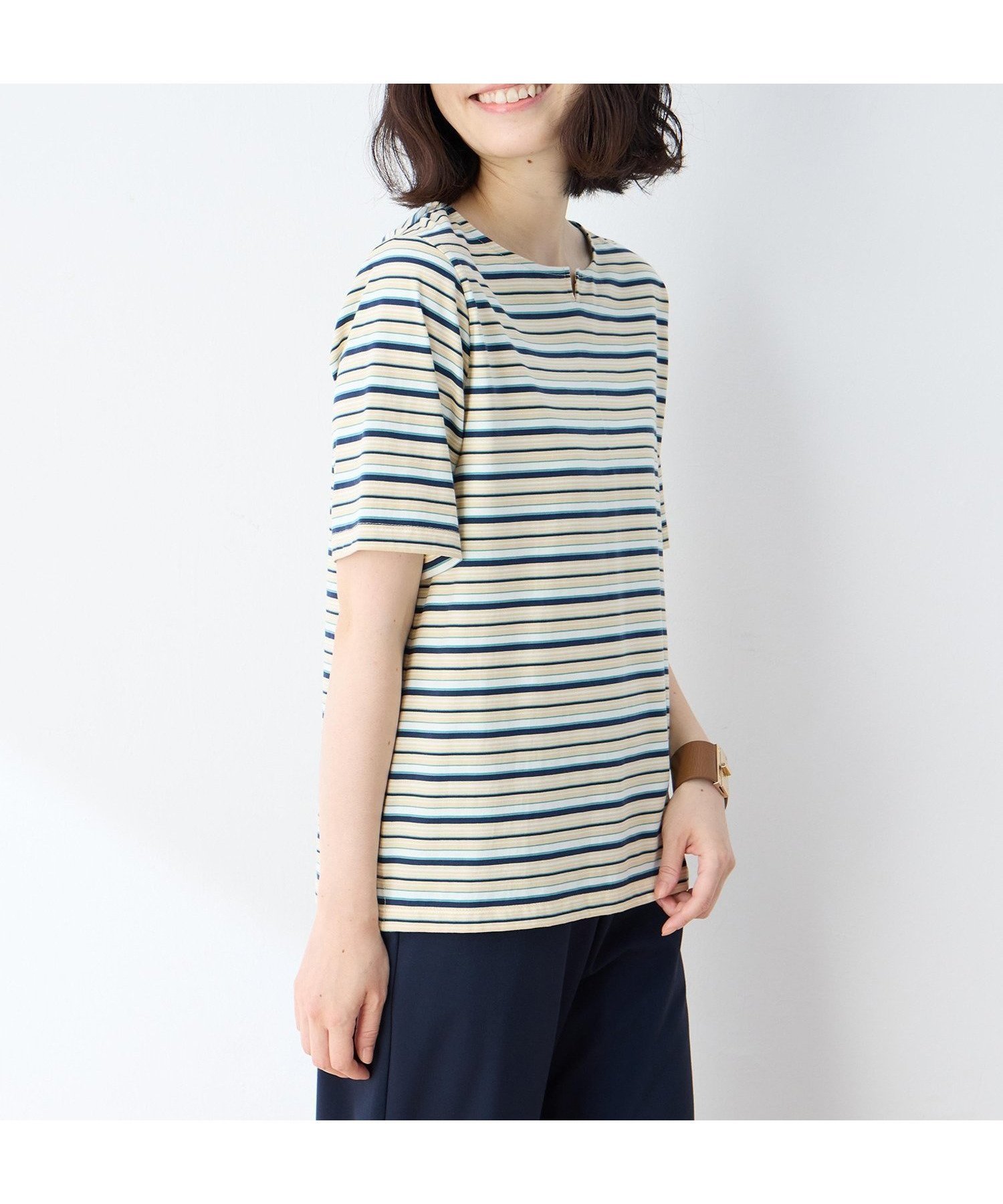 【デコイ/DECOY Since1981】の【冷感】【UVカット】ひやさらコットンプレミアムマルチボーダーTシャツ インテリア・キッズ・メンズ・レディースファッション・服の通販 founy(ファニー) 　ファッション　Fashion　レディースファッション　Fashion for Women　トップス・カットソー　Cut & Sew Tops　シャツ・ブラウス・オフィスカジュアル　Elegant Blouses & Button-Ups　ロングTシャツ・Tシャツ　Longline T-Shirts & Tees　プレミアム　Premium, High-End　ワンポイント　One Point, Statement Accent　グリーン|ID: prp329100004648532 ipo3291000000033562369