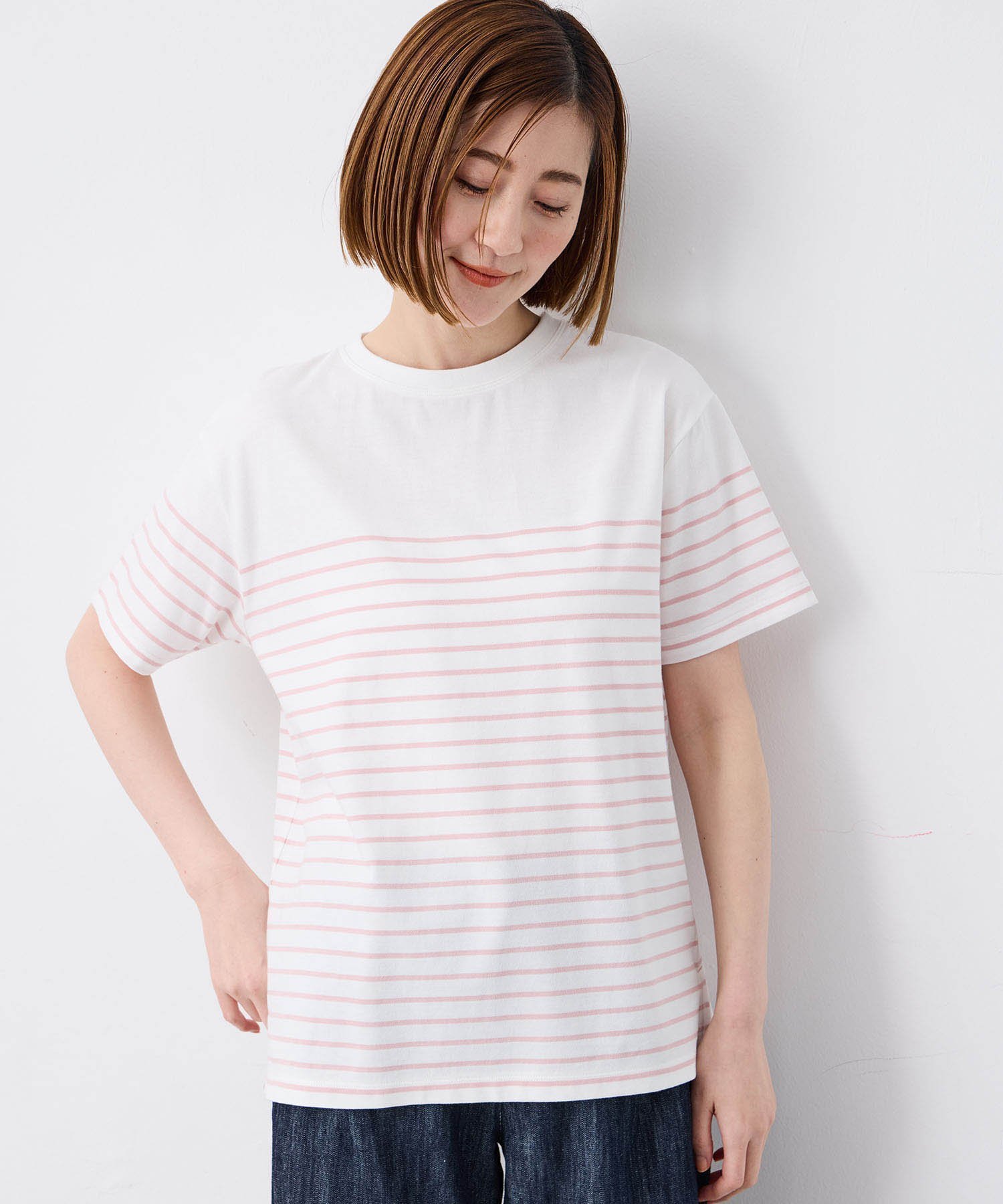 【プチ オンフルール/Petit Honfleur】の【UVカット】【接触冷感】パネルボーダーTシャツ インテリア・キッズ・メンズ・レディースファッション・服の通販 founy(ファニー) 　ファッション　Fashion　レディースファッション　Fashion for Women　トップス・カットソー　Cut & Sew Tops　シャツ・ブラウス・オフィスカジュアル　Elegant Blouses & Button-Ups　ロングTシャツ・Tシャツ　Longline T-Shirts & Tees　おすすめ　Recommended / Our Picks　スリット　Slit, Slit Detail　フィット　Fit, Slim Fit　ベーシック　Basic, Essential　ボーダー　Border, Stripe　ピンク|ID: prp329100004648654 ipo3291000000033565190