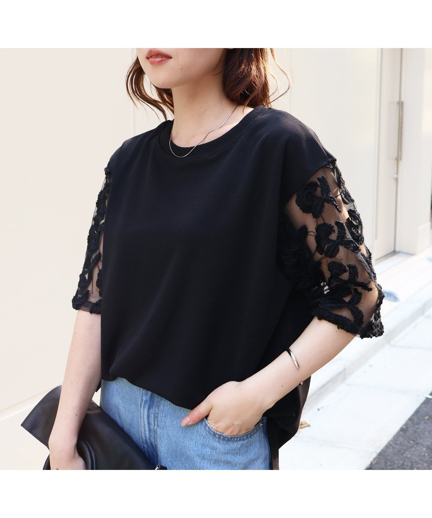 【ルクールブラン/le.coeur blanc】のスリーブシアーレースプルオーバー インテリア・キッズ・メンズ・レディースファッション・服の通販 founy(ファニー) 　ファッション　Fashion　レディースファッション　Fashion for Women　トップス・カットソー　Cut & Sew Tops　カジュアルプルオーバー・ニットトップス　Pullovers & Knit Tops / Casual Pullovers　おすすめ　Recommended / Our Picks　カットソー　Cut and Sewn Top　デニム　Denim, Jeans Material　フレア　Flare, Flared　ボトム　Bottoms, Lower Wear　レース　Lace, Lace Fabric　ビジネス 仕事 通勤　Business / Work / Commuting　ブラック|ID: prp329100004648694 ipo3291000000033566811