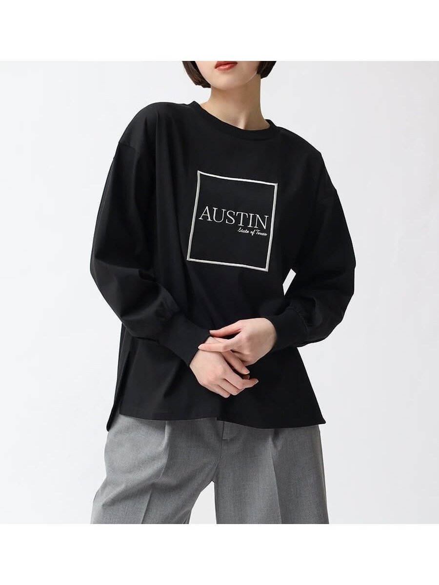 【ラシュッド/LASUD】のシアーロゴ刺繍ロンT インテリア・キッズ・メンズ・レディースファッション・服の通販 founy(ファニー) 　ファッション　Fashion　レディースファッション　Fashion for Women　トップス・カットソー　Cut & Sew Tops　ロングTシャツ・Tシャツ　Longline T-Shirts & Tees　シアー　Sheer, See-Through　スリット　Slit, Slit Detail　ロング　Long, Long-Length　ブラック|ID: prp329100004648713 ipo3291000000033567535